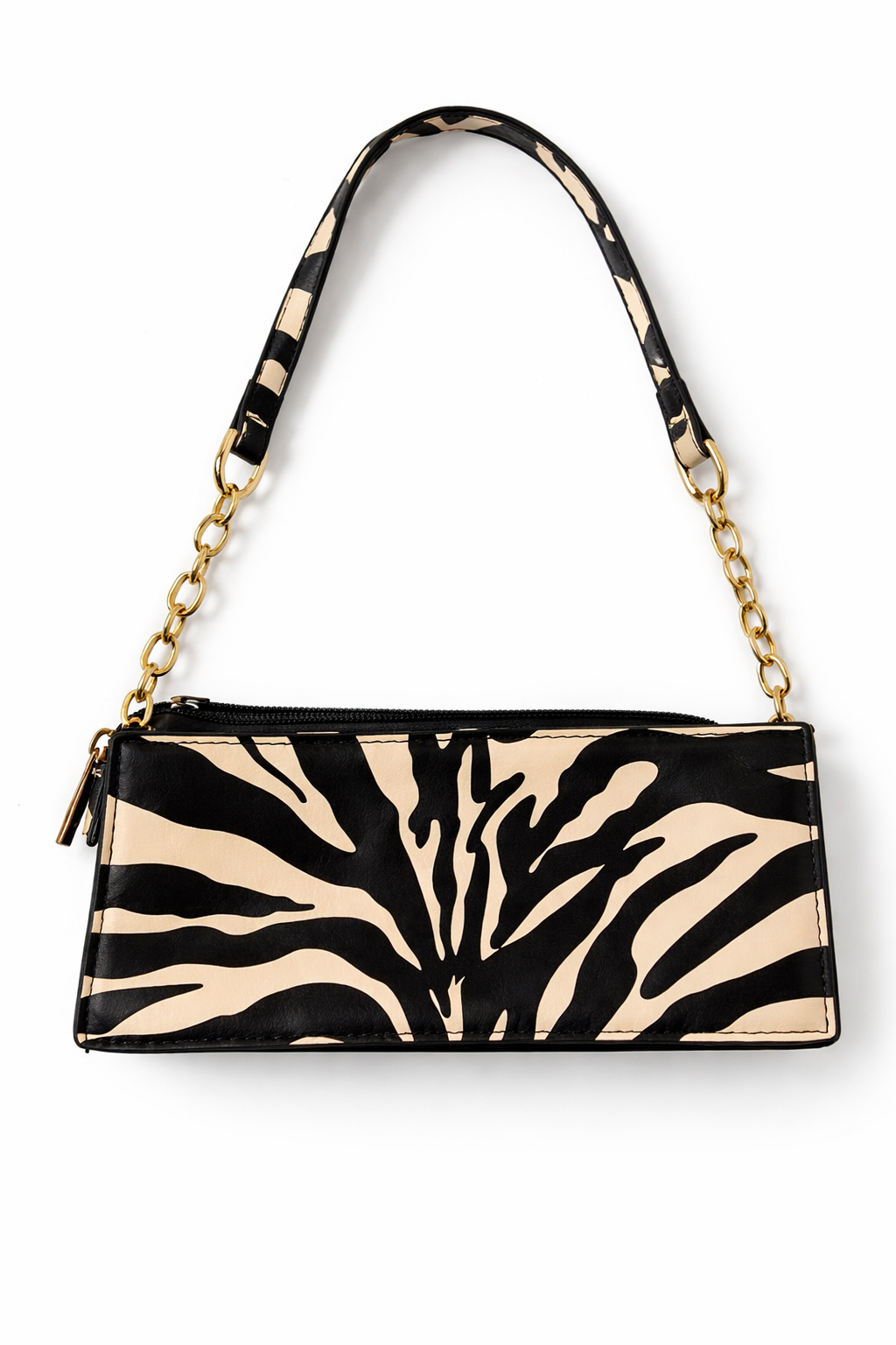 Zebra Print Shoulder Bag | Gold Chain Strap | Zip Top Baguette Handbag