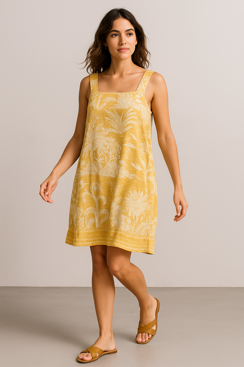 Next Yellow & White Tropical Linen Blend Sleeveless Shift Dress – UK 10