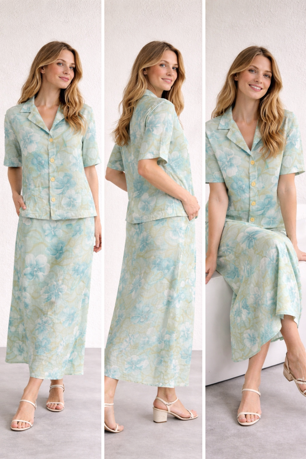 Caron Sage Floral 2 Piece Set Blouse & Maxi Skirt Size 44 (UK 16/18)