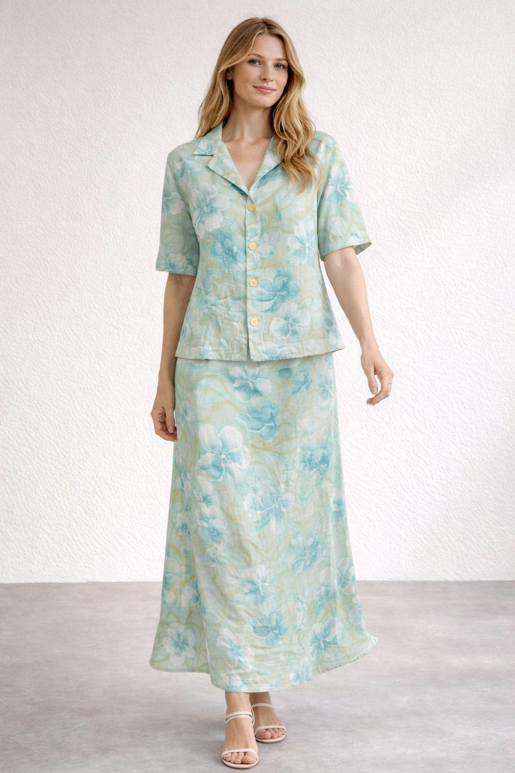 Caron Sage Floral 2 Piece Set Blouse & Maxi Skirt Size 44 (UK 16/18)