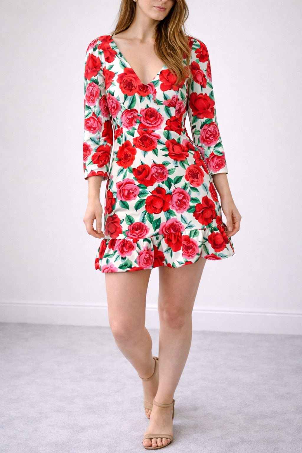 ASOS White Rose Floral Long Sleeve Mini Dress UK 10 (P2P 14”)