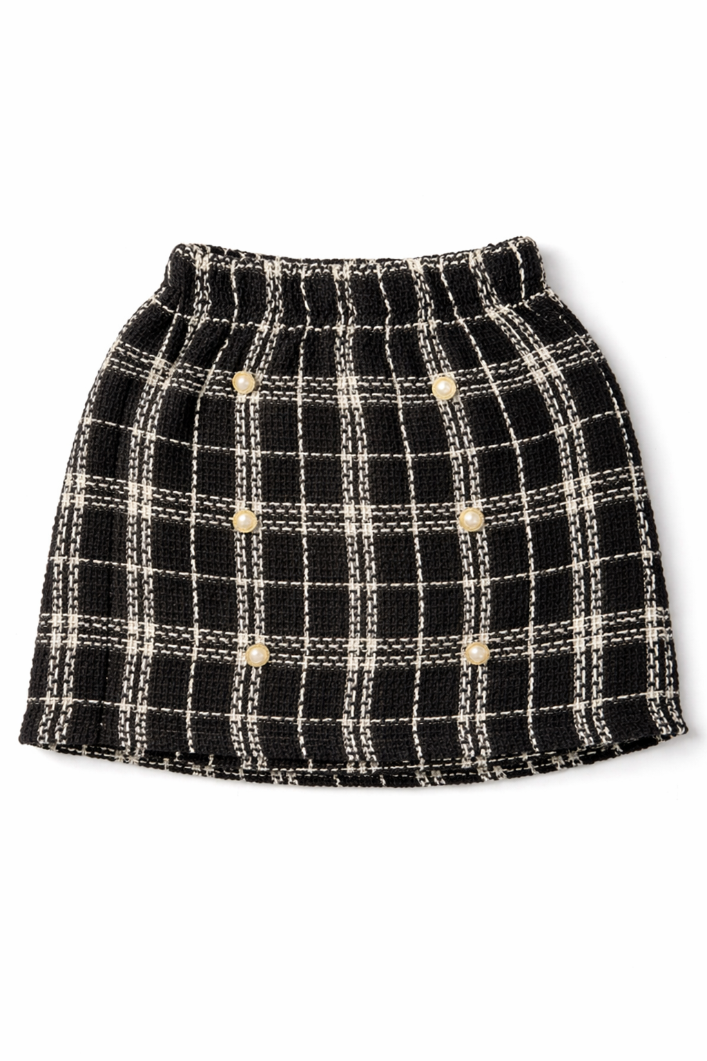 SHEIN Girls Tweed Check Mini Skirt (9Y) – Black/White Pearl Button Detail