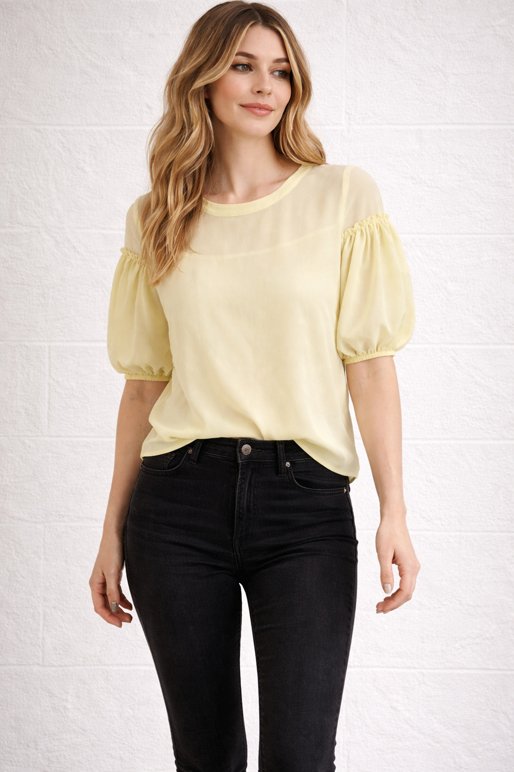 French Connection Lemon Sheer Yoke Puff Sleeve Blouse | UK 8