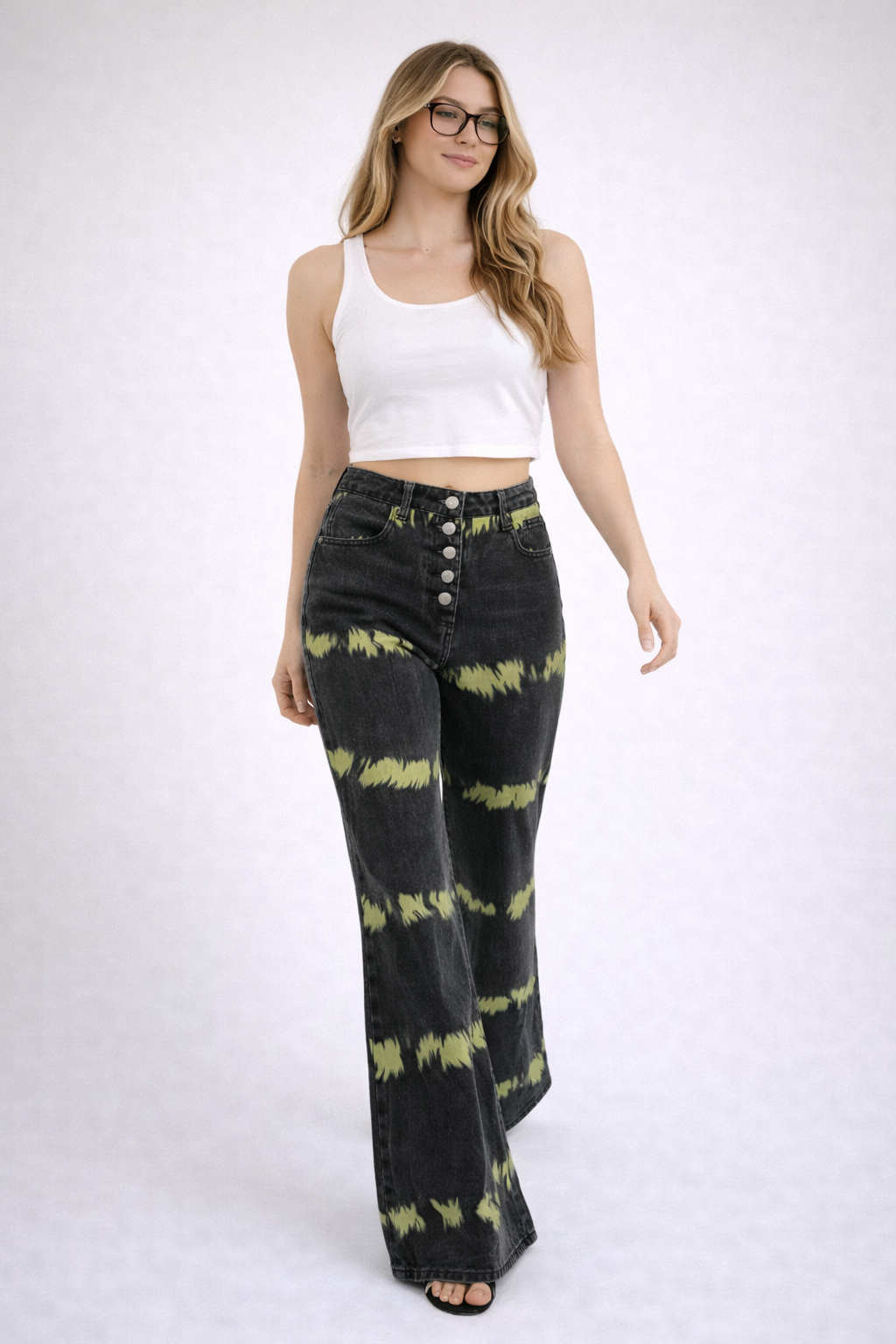 SHEIN Black & Lime Tie-Dye Flared Jeans XS (EU34/US2) Button Fly