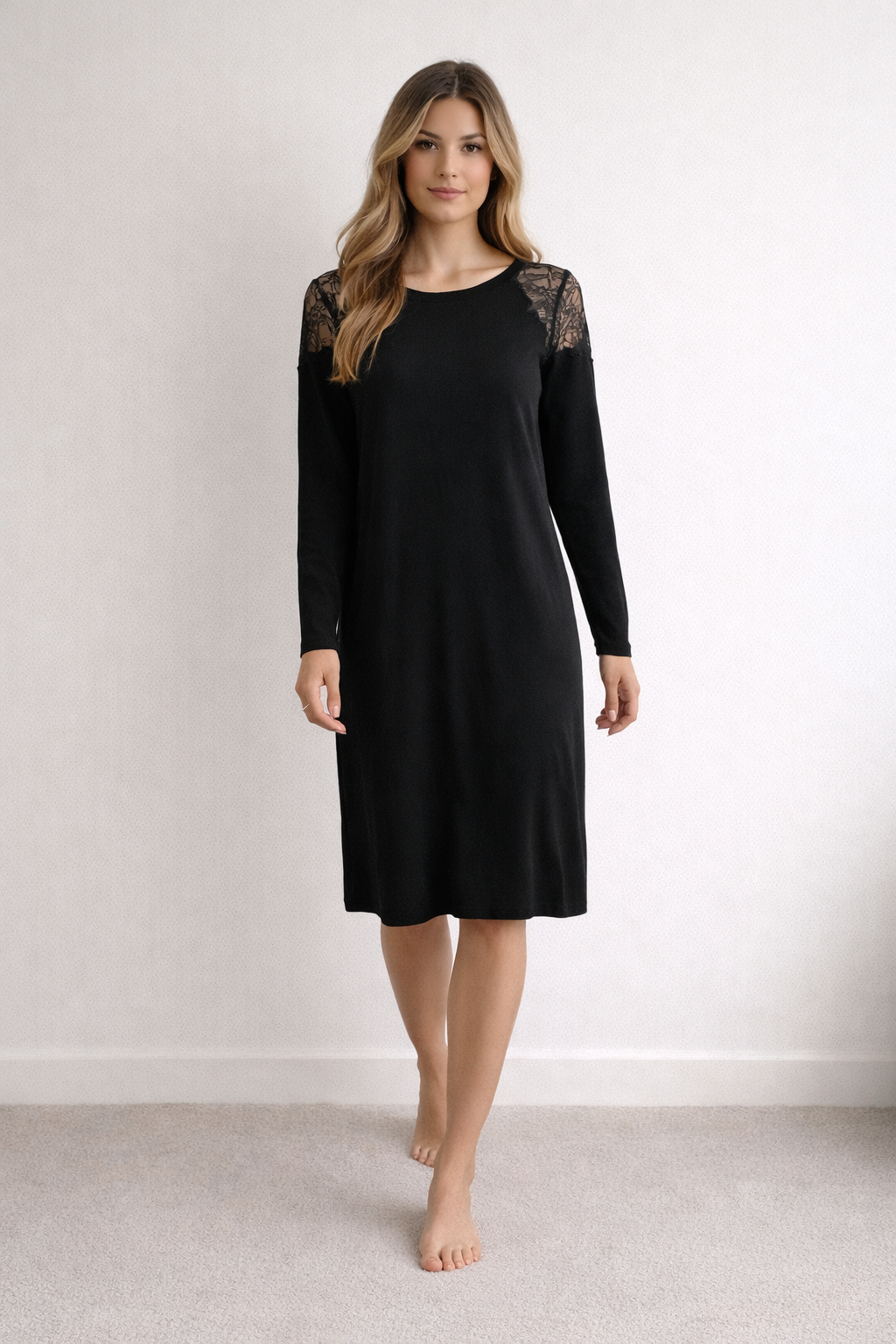 Whistles Black Lace Shoulder Long Sleeve Shift Dress – UK 12