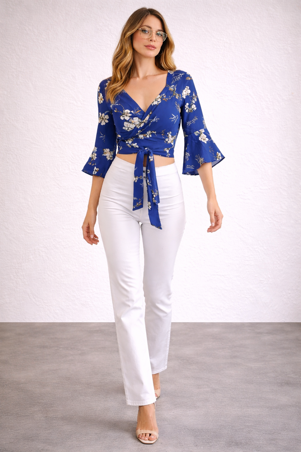 River Island Blue Floral Tie-Front Crop Top UK 8