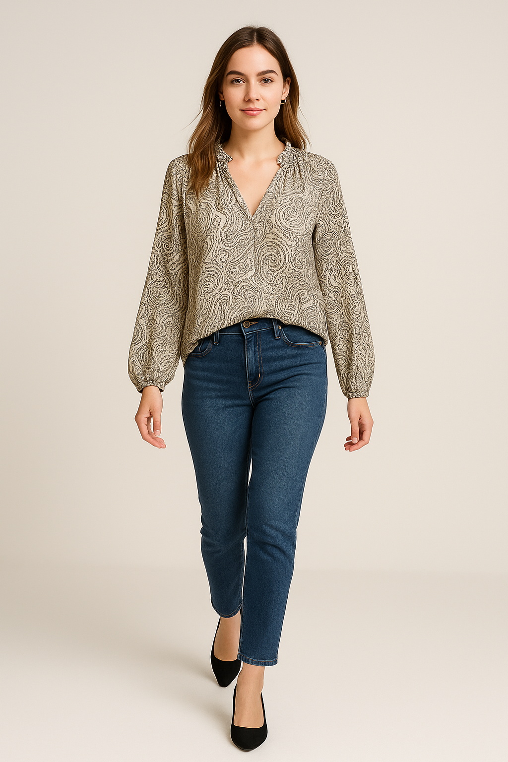 H&M Black & Cream Paisley Sheer Ruffle V-Neck Blouse Size S Long Sleeve