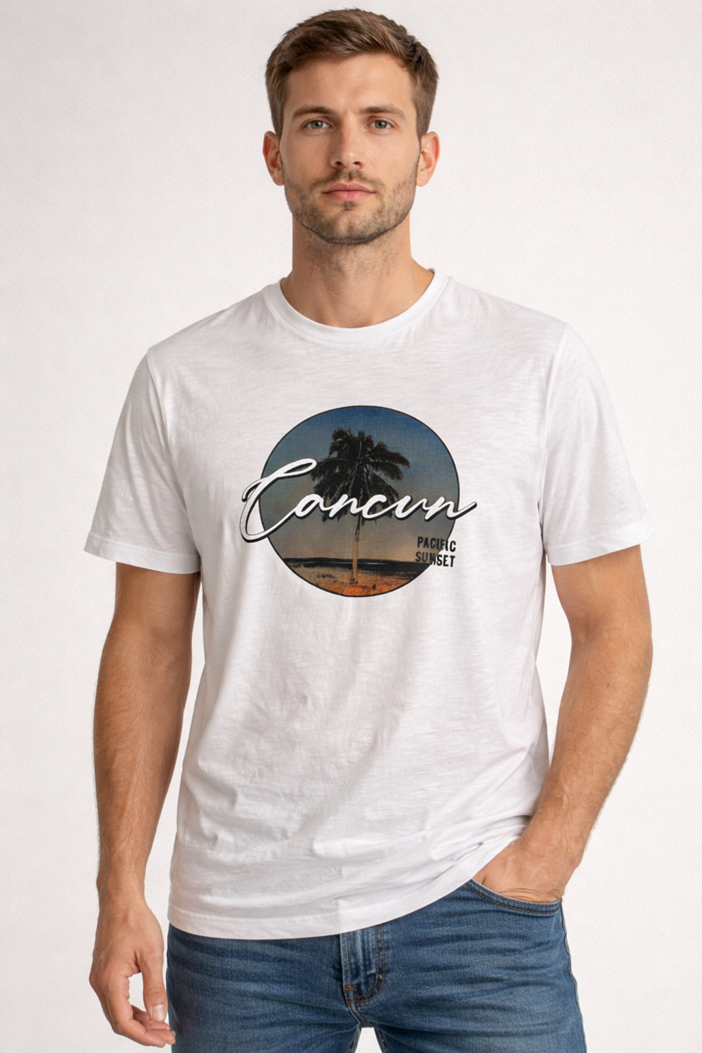 Primark Cancun Graphic T-Shirt White – Size XL – Pacific Sunset Print
