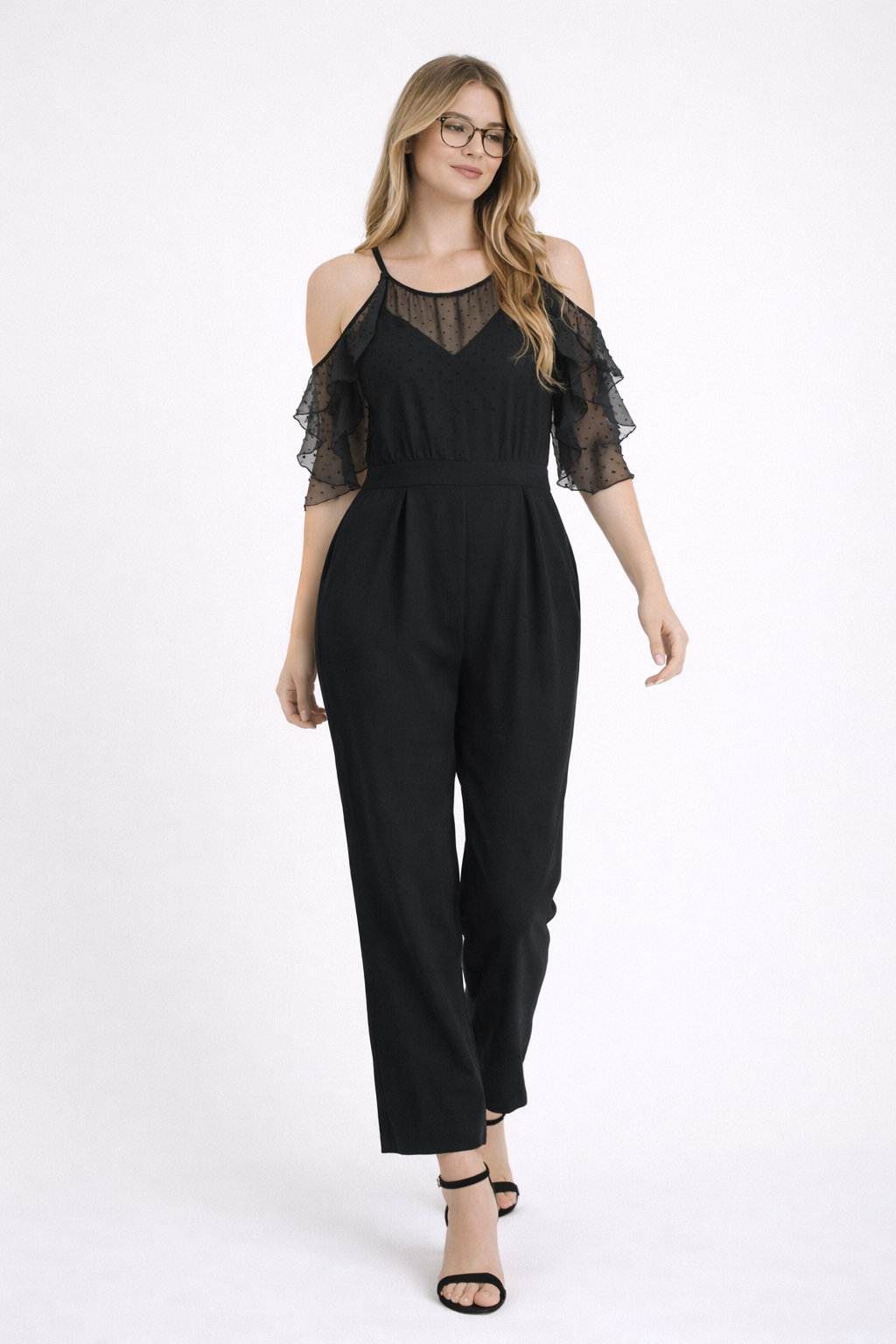 Zara Basic Black Sheer Polka Dot Jumpsuit – Size S