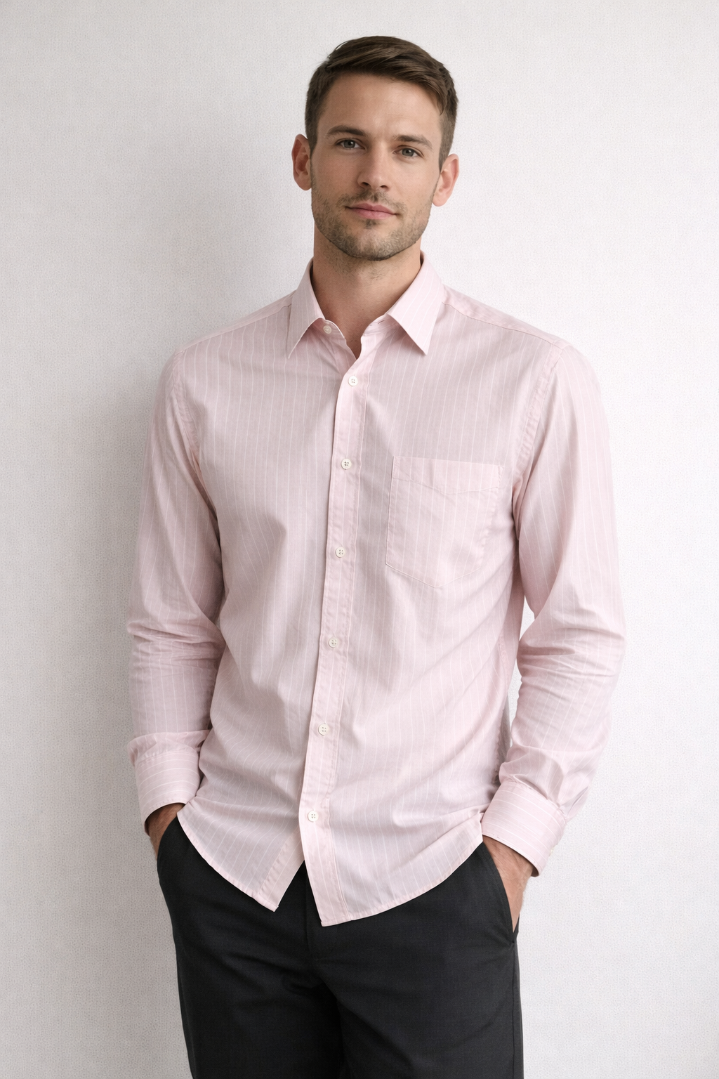 C&A Mens Pink Pinstripe Shirt – Size M – Long Sleeve Button Up