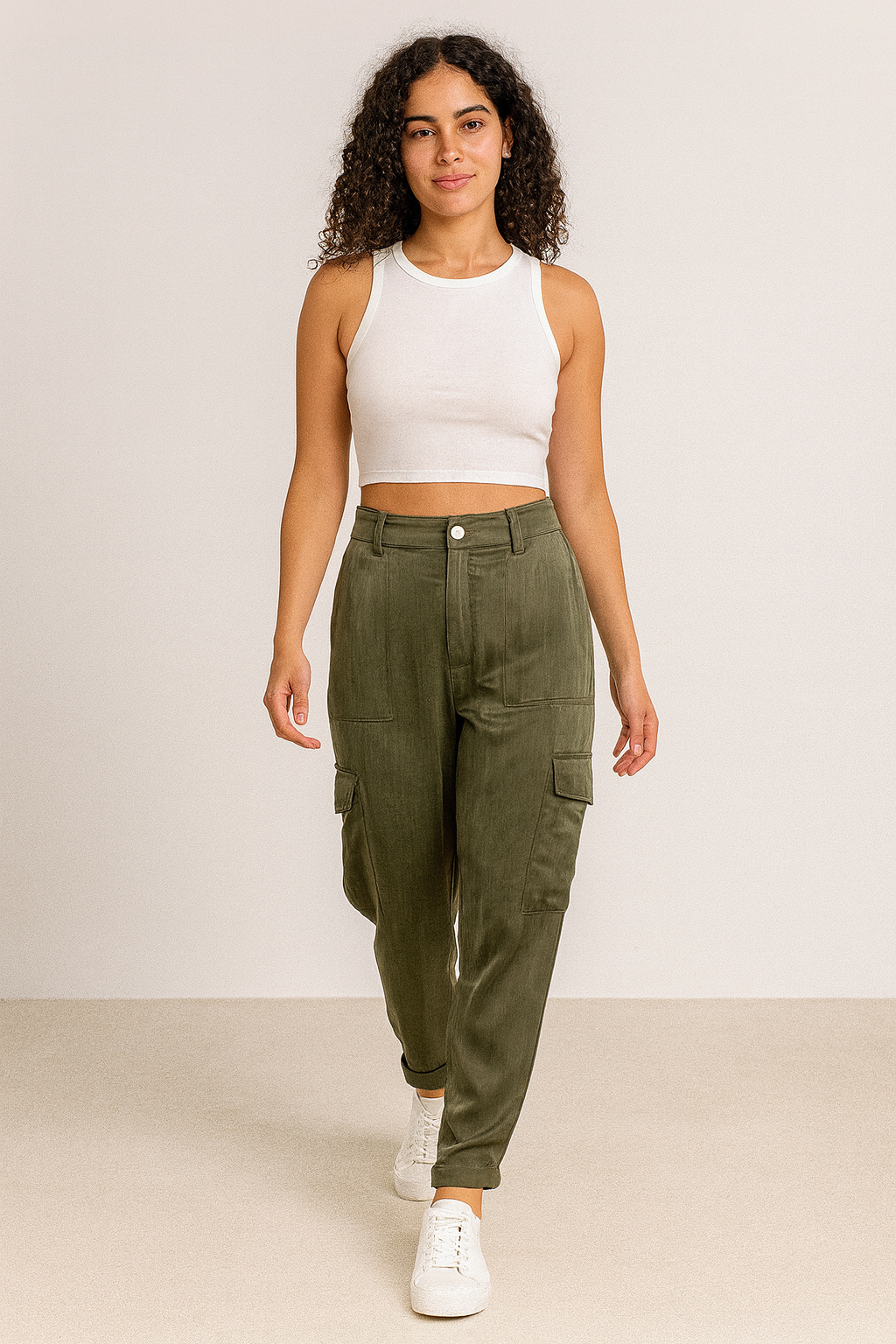 Mint Velvet Khaki Satin Cupro Cargo Trousers UK 10R NWT