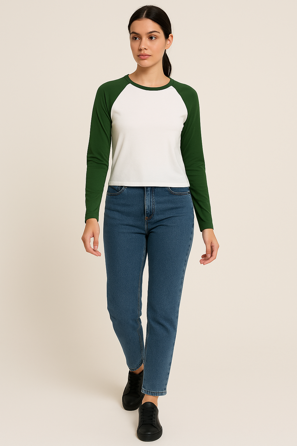 Shein Green & White Raglan Long Sleeve Top – Size M