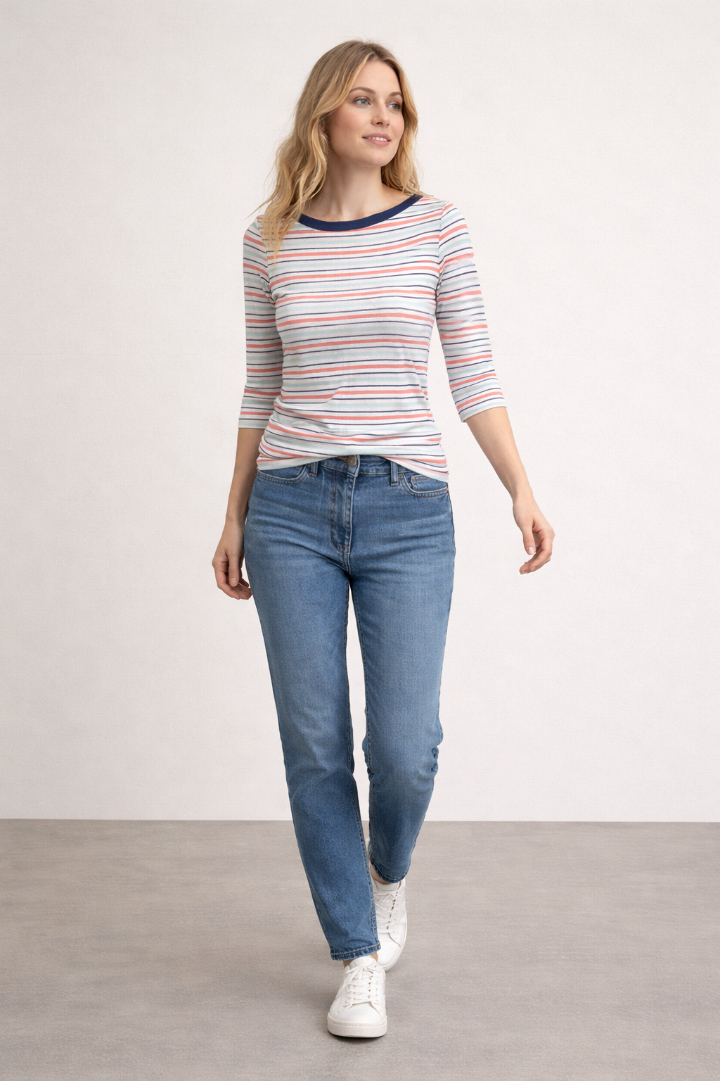 TJX Women’s Stripe 3/4 Sleeve Top | Navy Trim Boat Neck | Coral & Mint UK 10