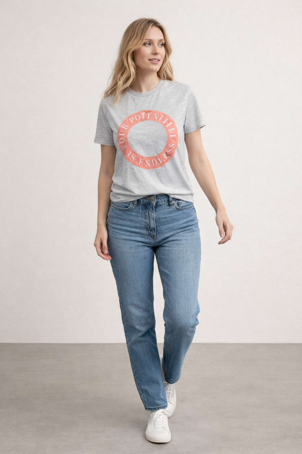 Primark Grey “Your Potential Is Endless” Slogan T-Shirt | UK 6–8 | Coral Print