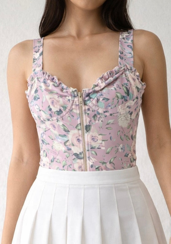 River Island Pink Floral Zip-Front Bodysuit – UK 10