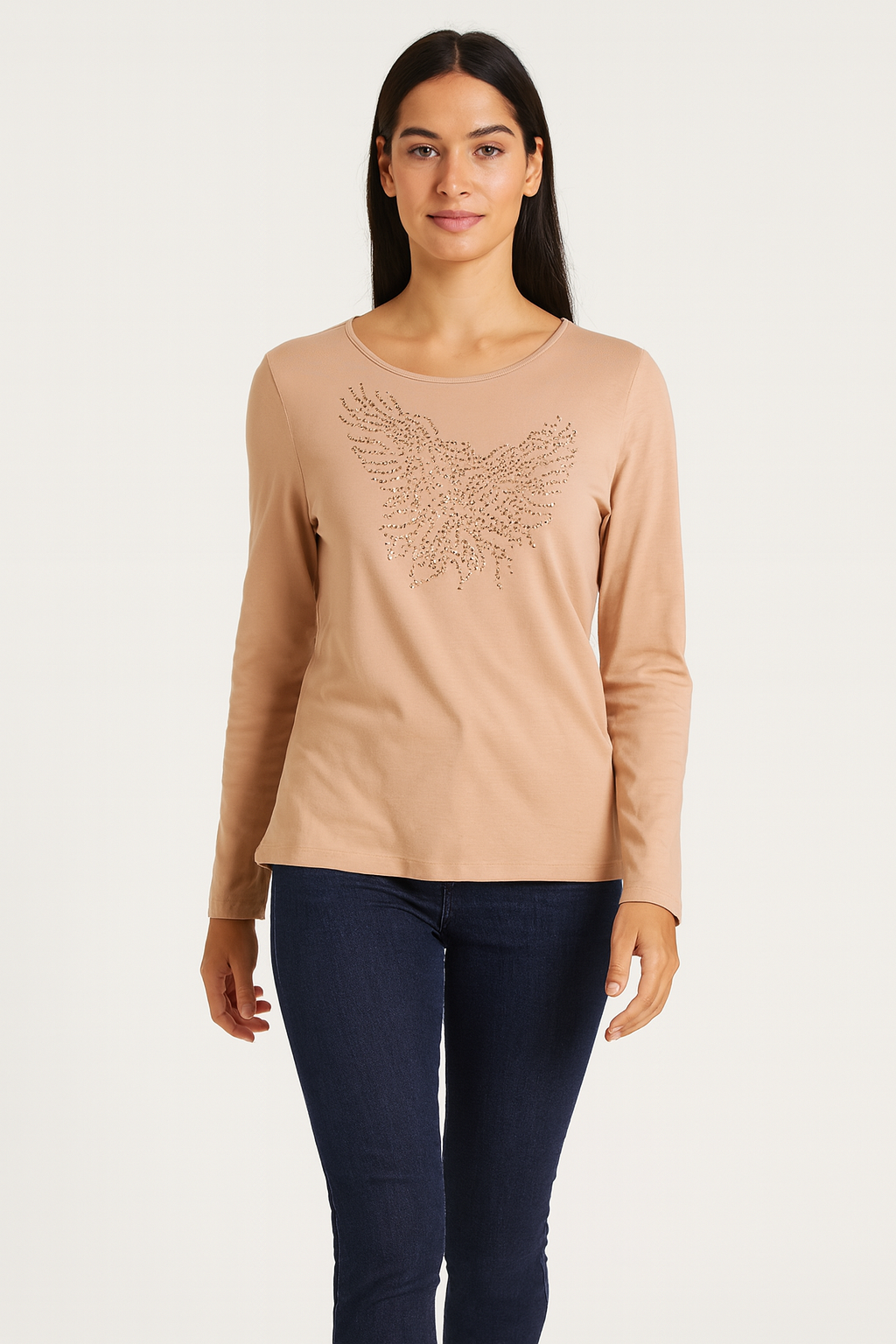 Basler Nude Long Sleeve Embellished Jersey Top | Rhinestone Burst Design UK 12