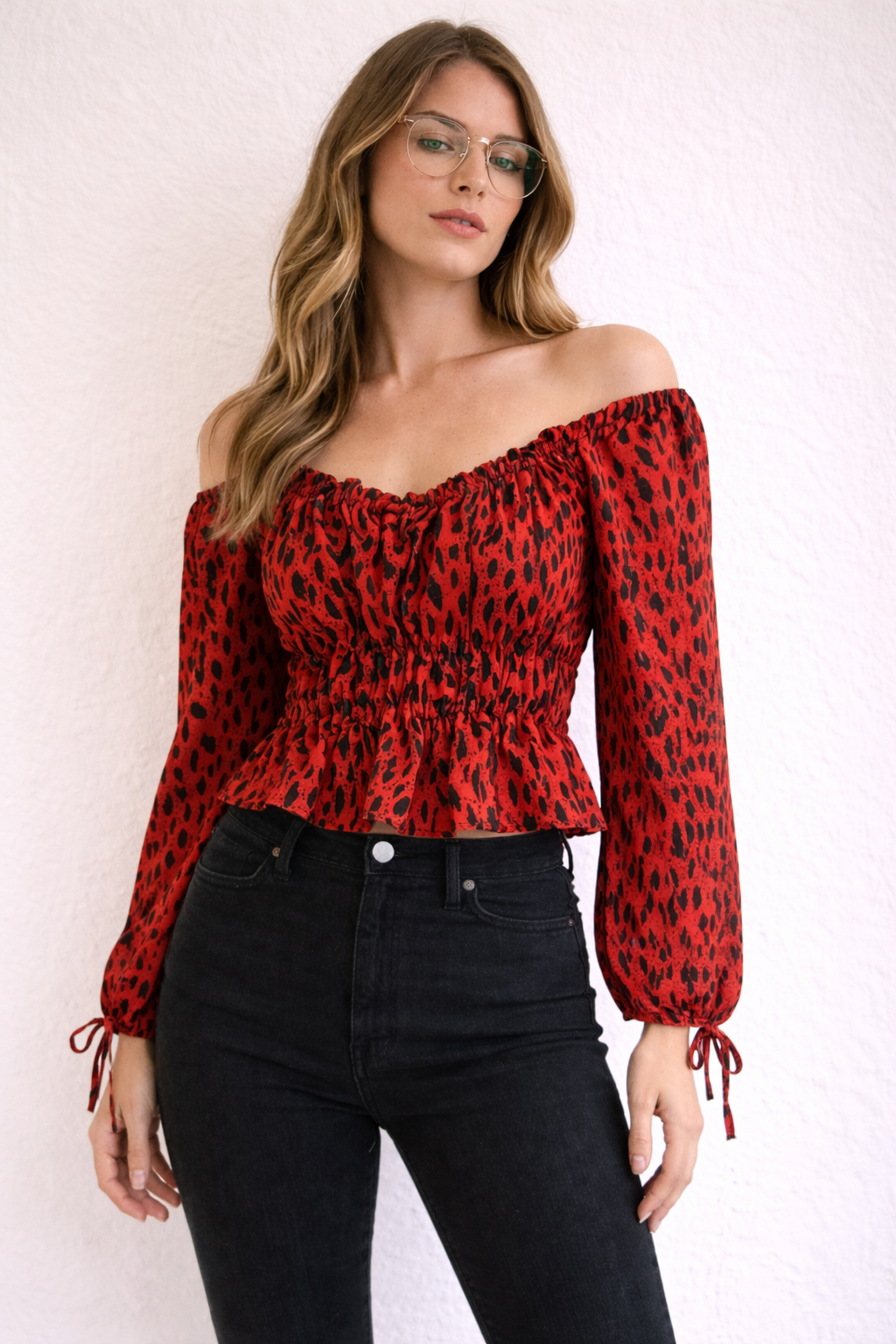 Topshop Petite Red & Black Animal Print Ruched Peplum Blouse UK 10