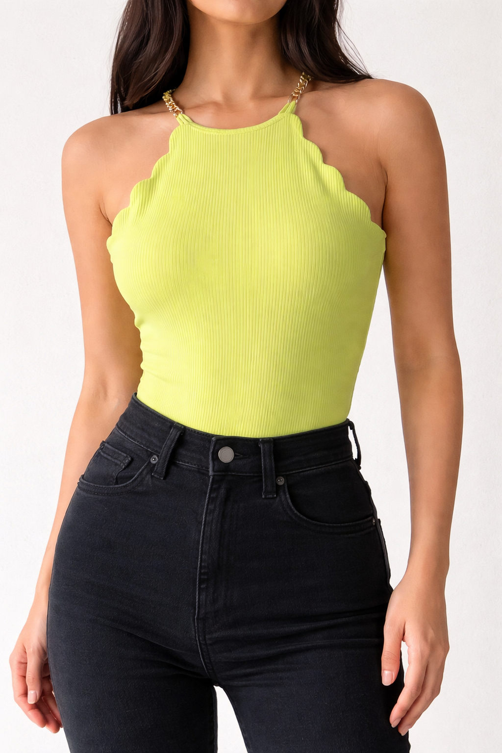 River Island Lime Ribbed Scallop Bodysuit – UK 8