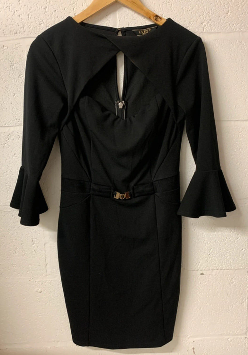 Lipsy London Black Bodycon Dress UK 12 Cutout Belted Fluted Sleeve