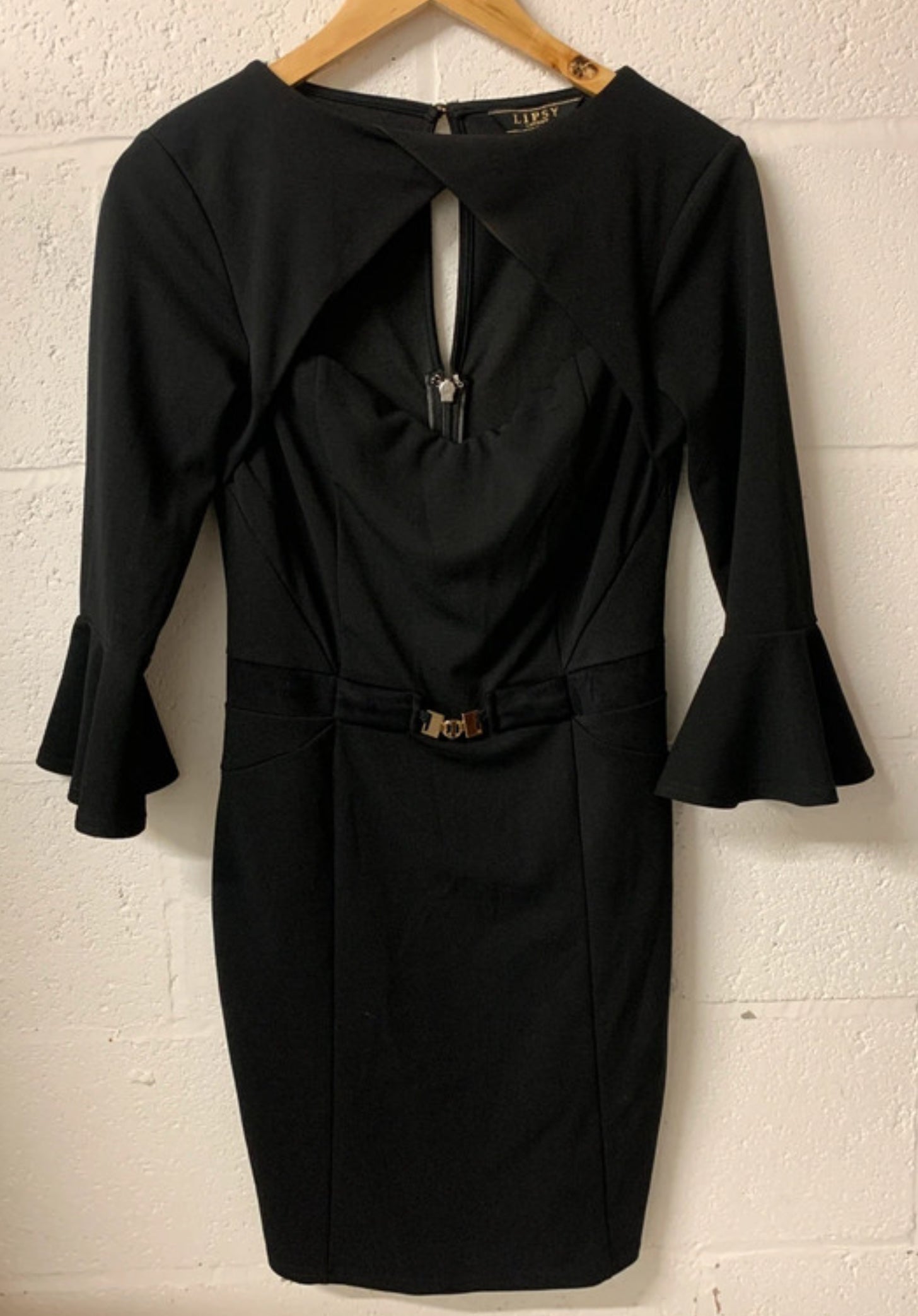 Lipsy London Black Bodycon Dress UK 12 Cutout Belted Fluted Sleeve