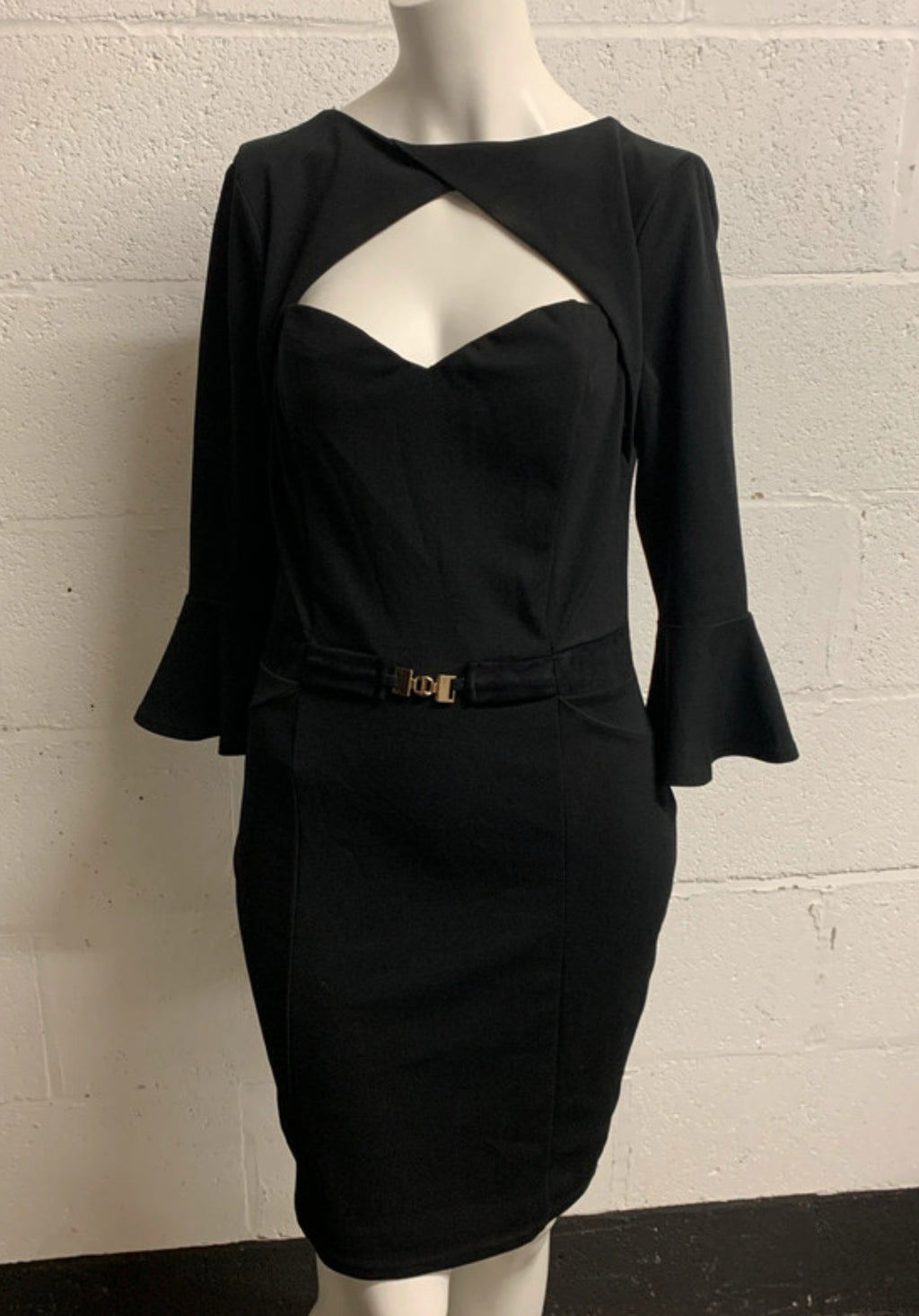 Lipsy London Black Bodycon Dress UK 12 Cutout Belted Fluted Sleeve