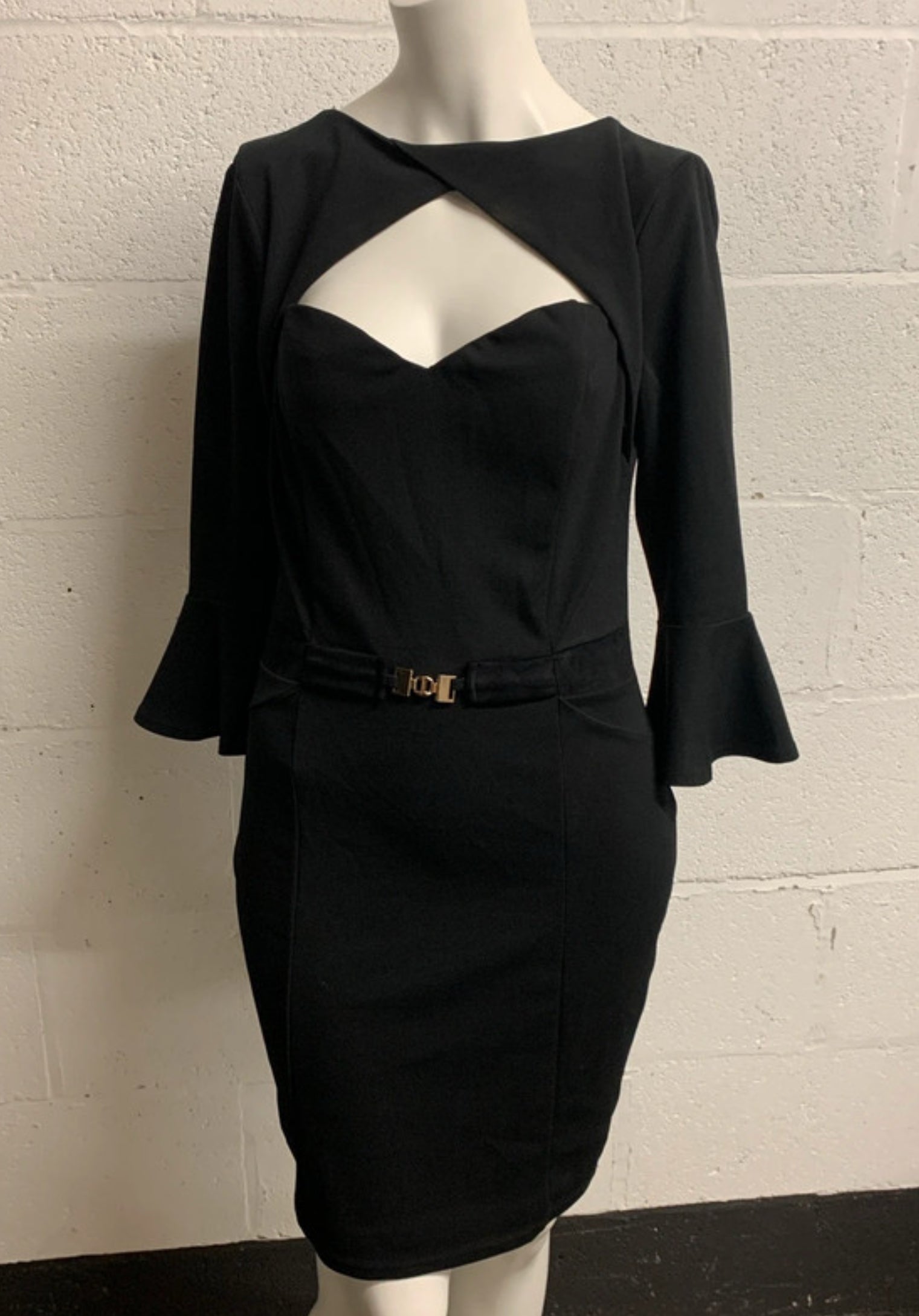 Lipsy London Black Bodycon Dress UK 12 Cutout Belted Fluted Sleeve