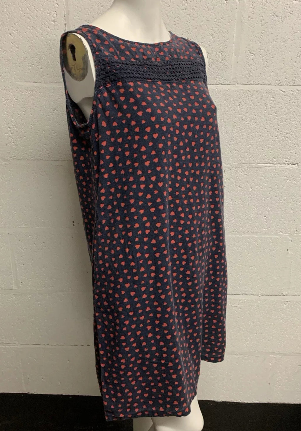 Next Navy Heart Print Linen Blend Sleeveless Dress UK 10