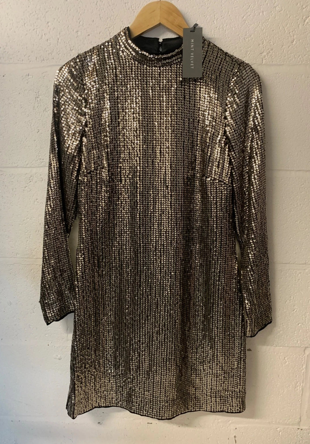 Mint Velvet Pewter Sequin High Neck Long Sleeve Mini Dress – UK 10