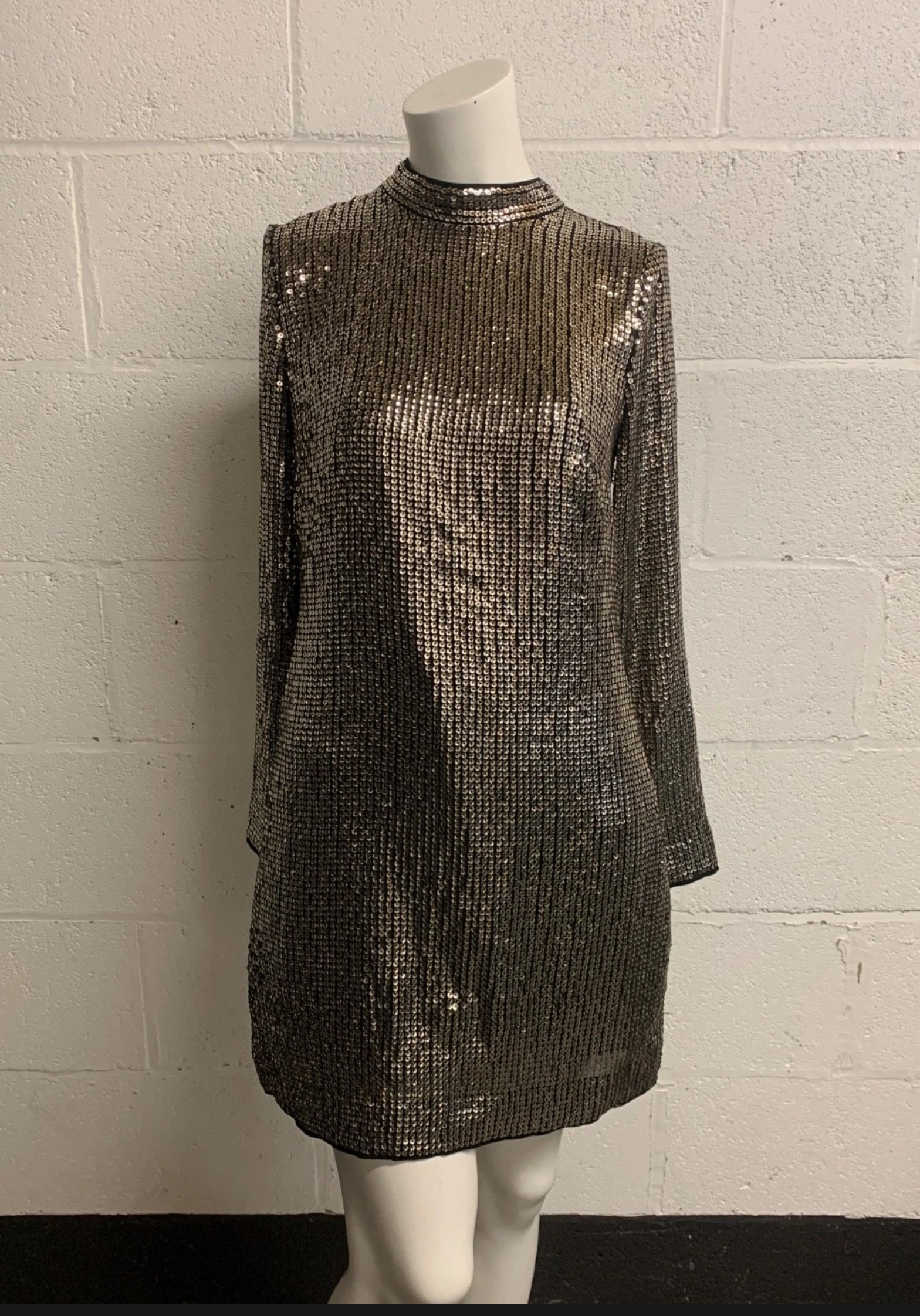 Mint Velvet Pewter Sequin High Neck Long Sleeve Mini Dress – UK 10