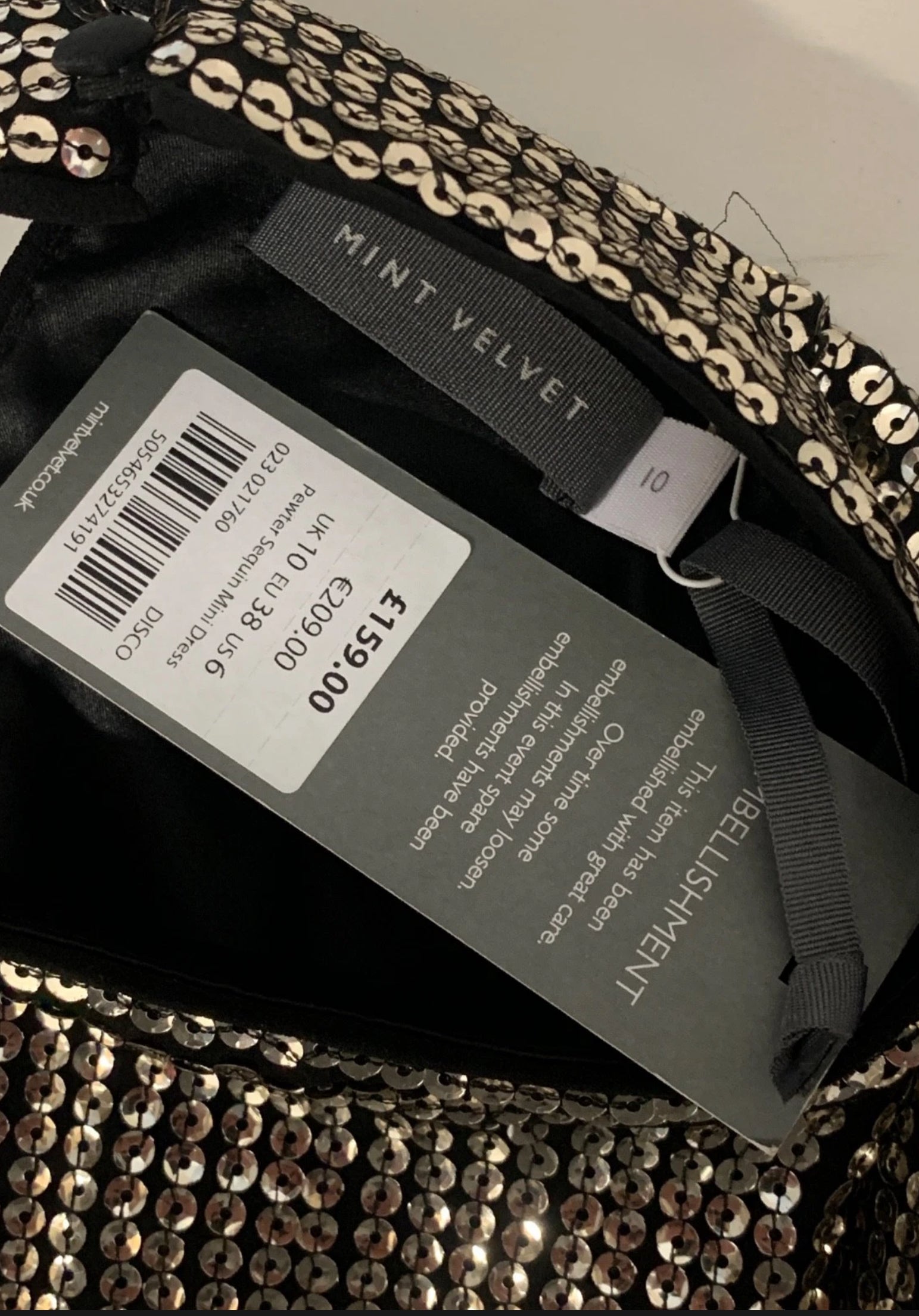 Mint Velvet Pewter Sequin High Neck Long Sleeve Mini Dress – UK 10