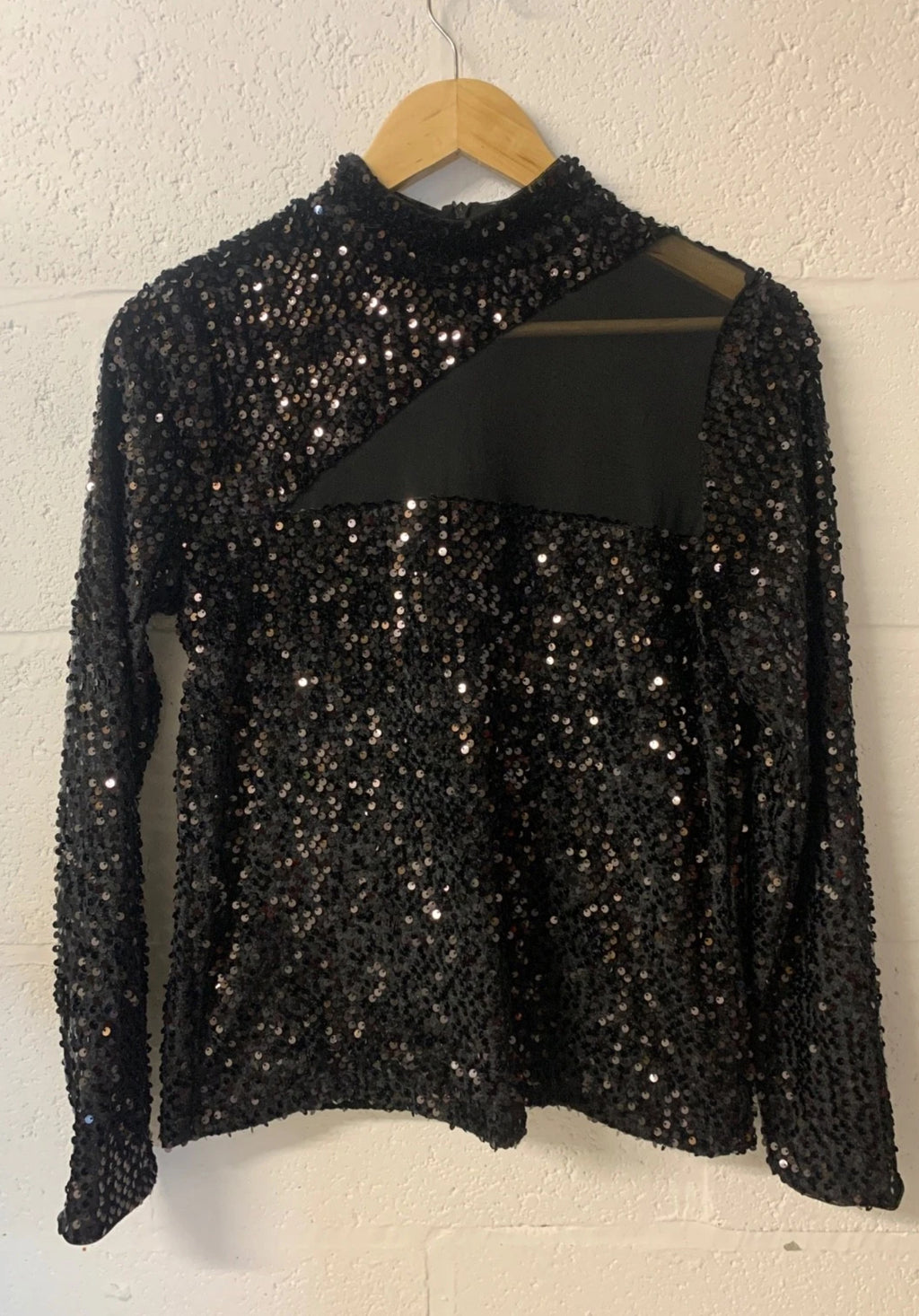 Mint Velvet Black Sequin Asymmetric Mesh High Neck Top | UK M (approx 12)