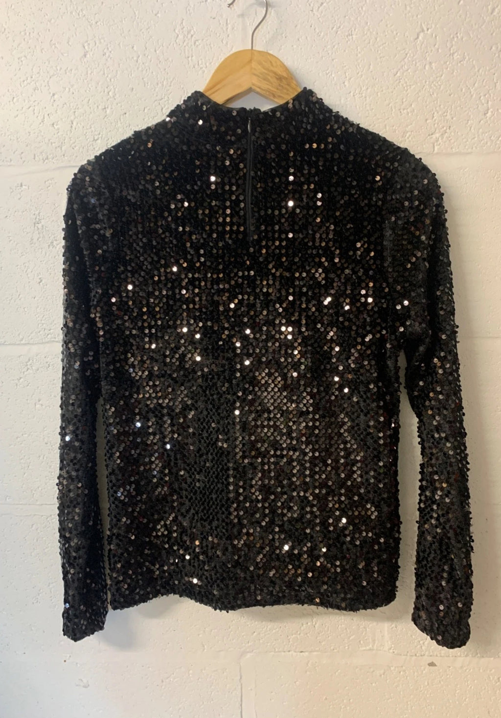 Mint Velvet Black Sequin Asymmetric Mesh High Neck Top | UK M (approx 12)