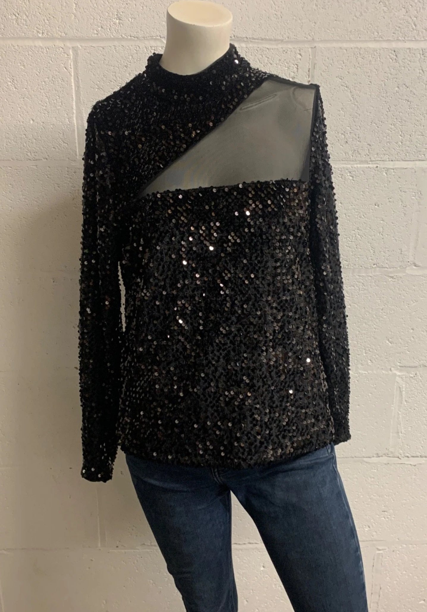 Mint Velvet Black Sequin Asymmetric Mesh High Neck Top | UK M (approx 12)