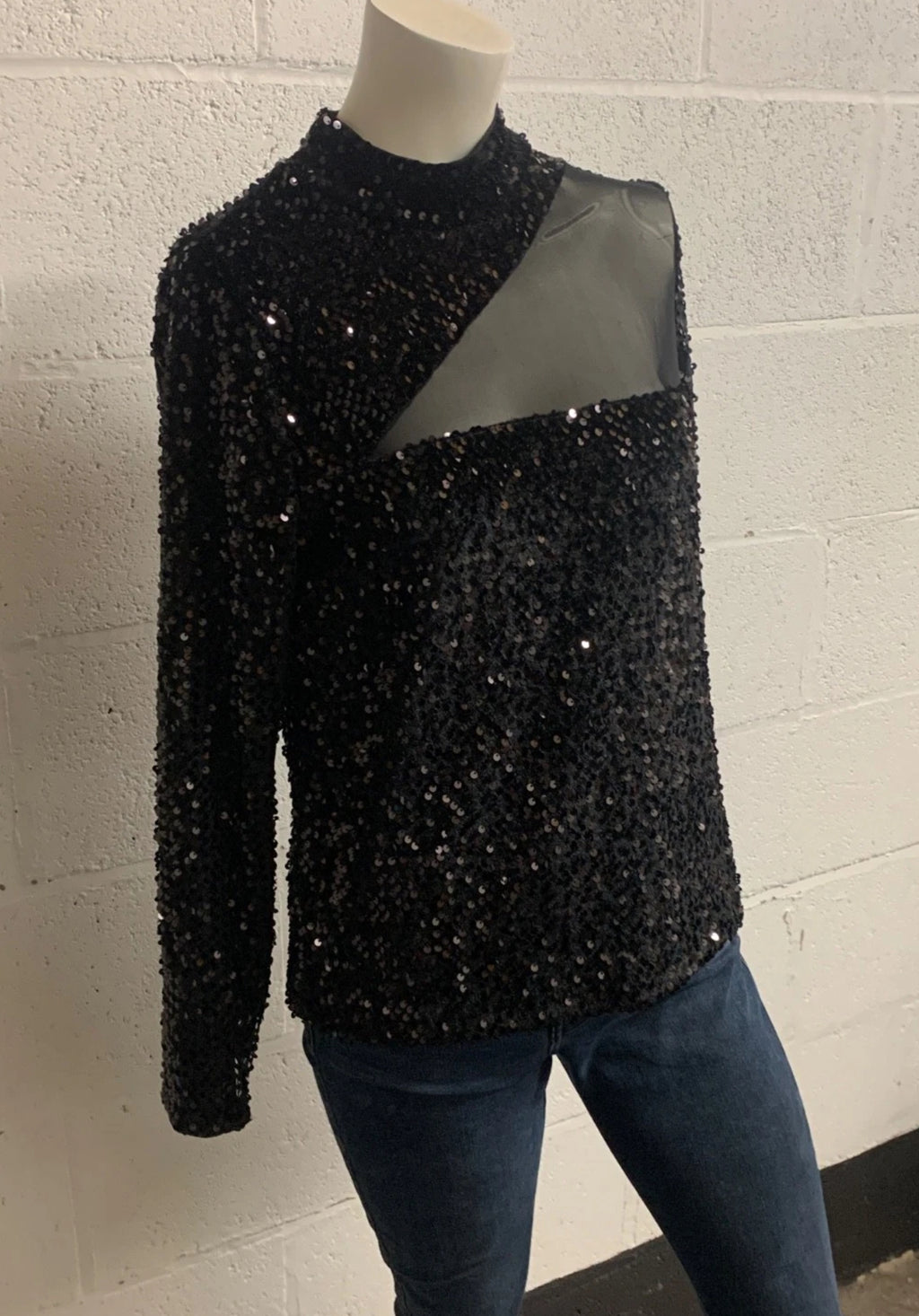 Mint Velvet Black Sequin Asymmetric Mesh High Neck Top | UK M (approx 12)