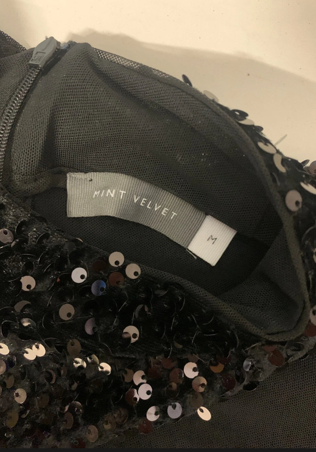 Mint Velvet Black Sequin Asymmetric Mesh High Neck Top | UK M (approx 12)