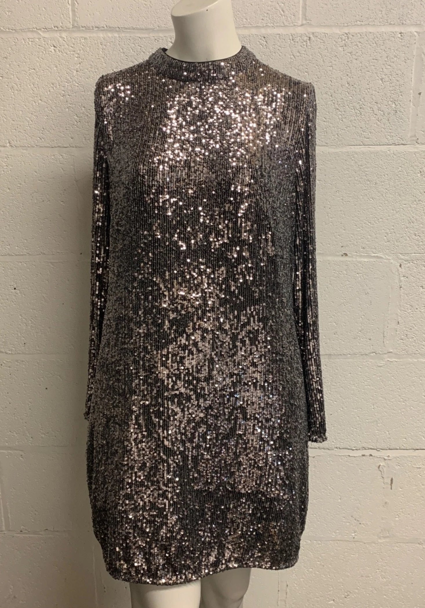 Mint Velvet Silver Sequin Long Sleeve Mini Dress UK 10