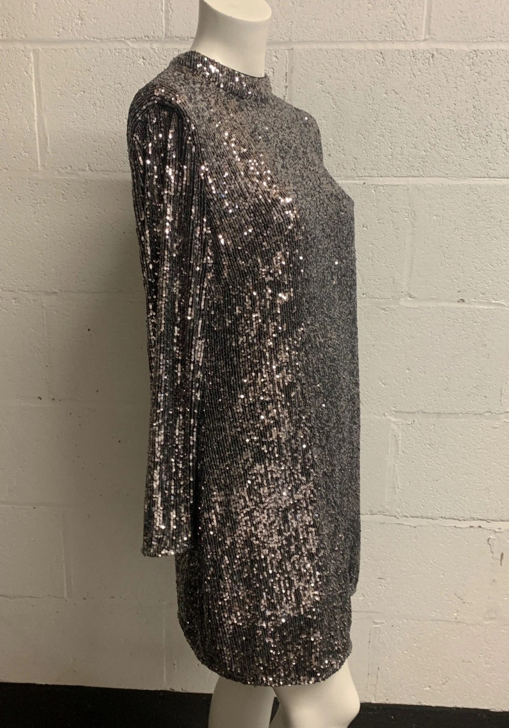 Mint Velvet Silver Sequin Long Sleeve Mini Dress UK 10