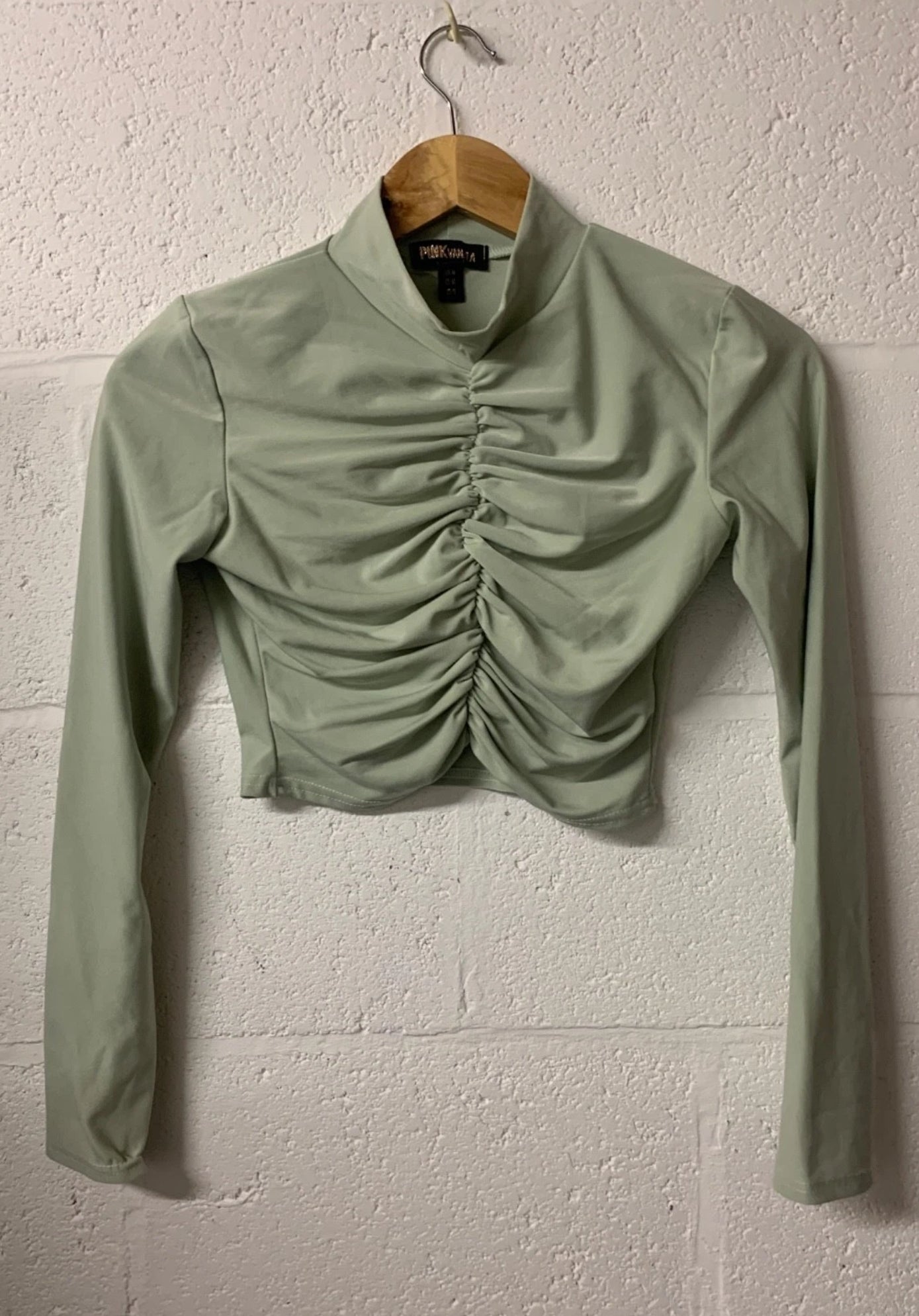 Pink Vanilla Sage Green Ruched Long Sleeve Crop Top (UK M)
