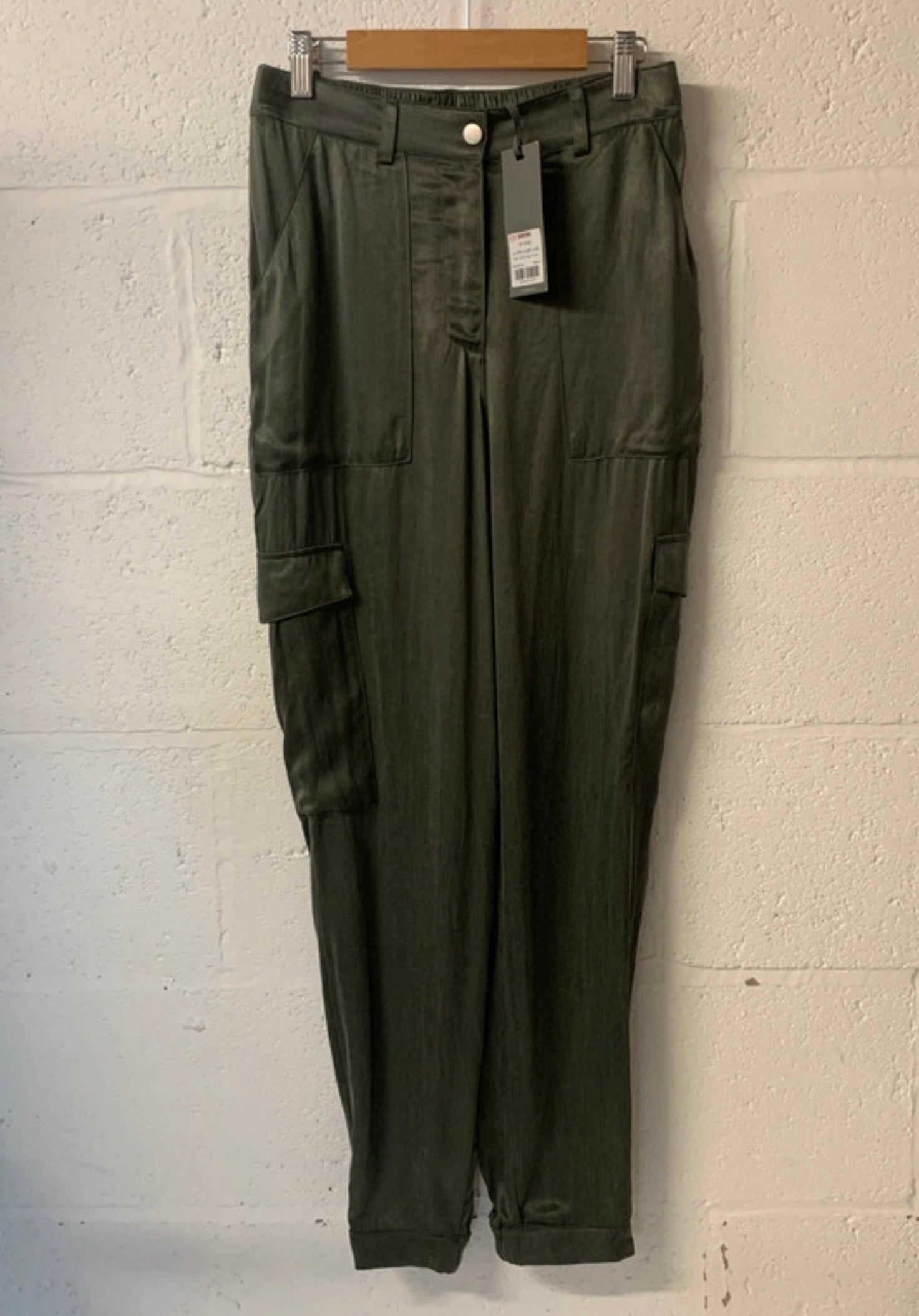 Mint Velvet Khaki Satin Cupro Cargo Trousers UK 10R NWT