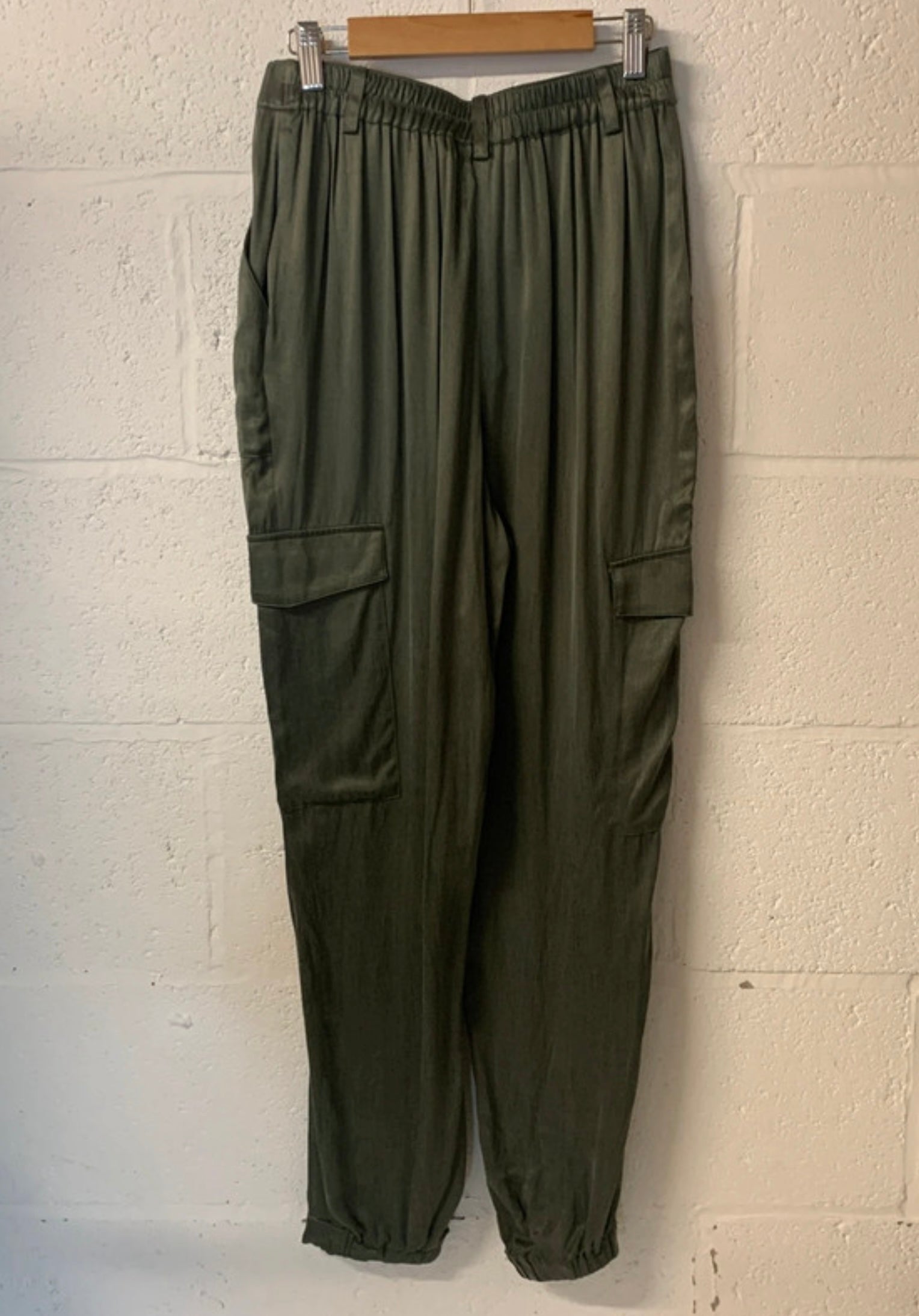 Mint Velvet Khaki Satin Cupro Cargo Trousers UK 10R NWT