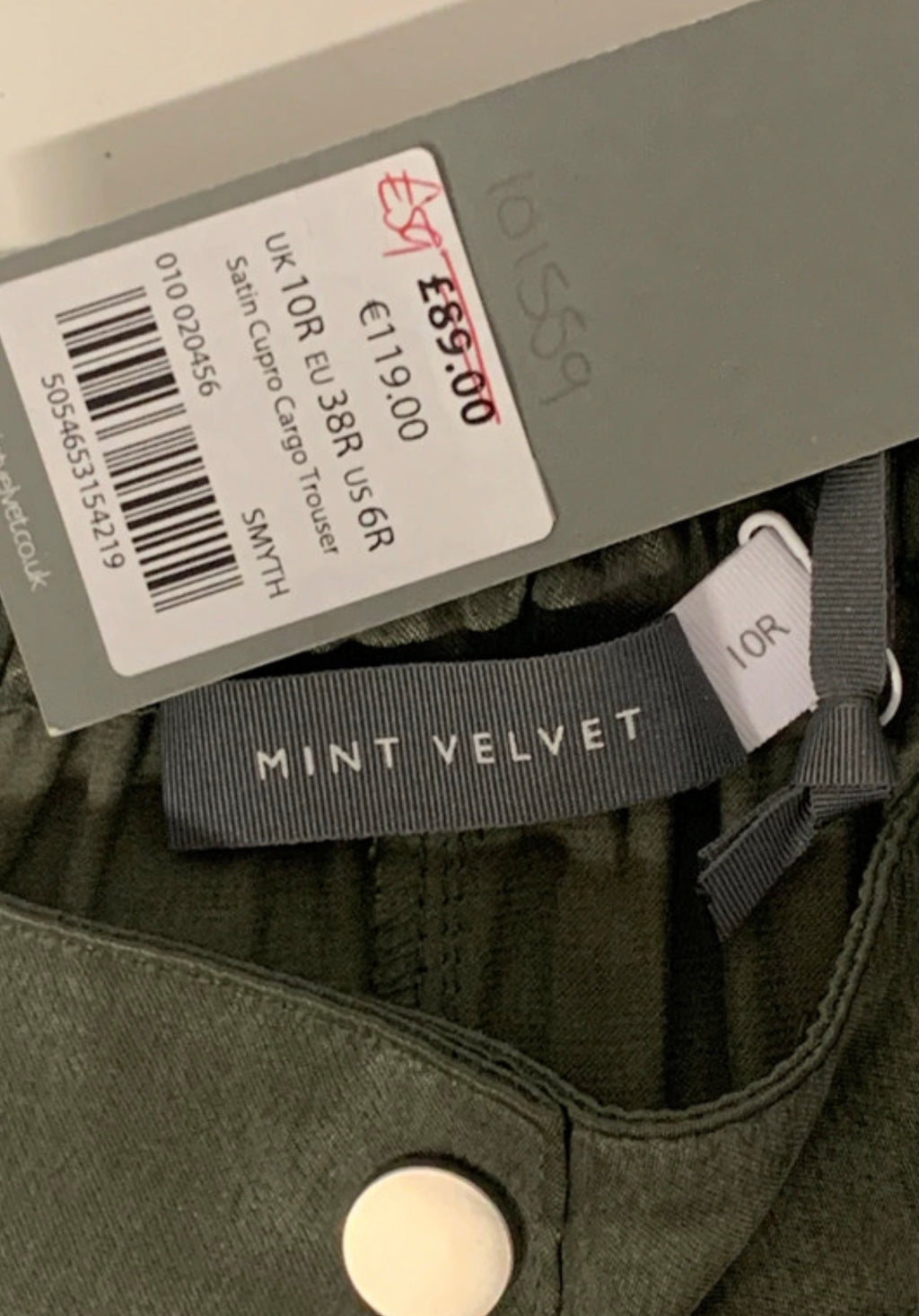 Mint Velvet Khaki Satin Cupro Cargo Trousers UK 10R NWT