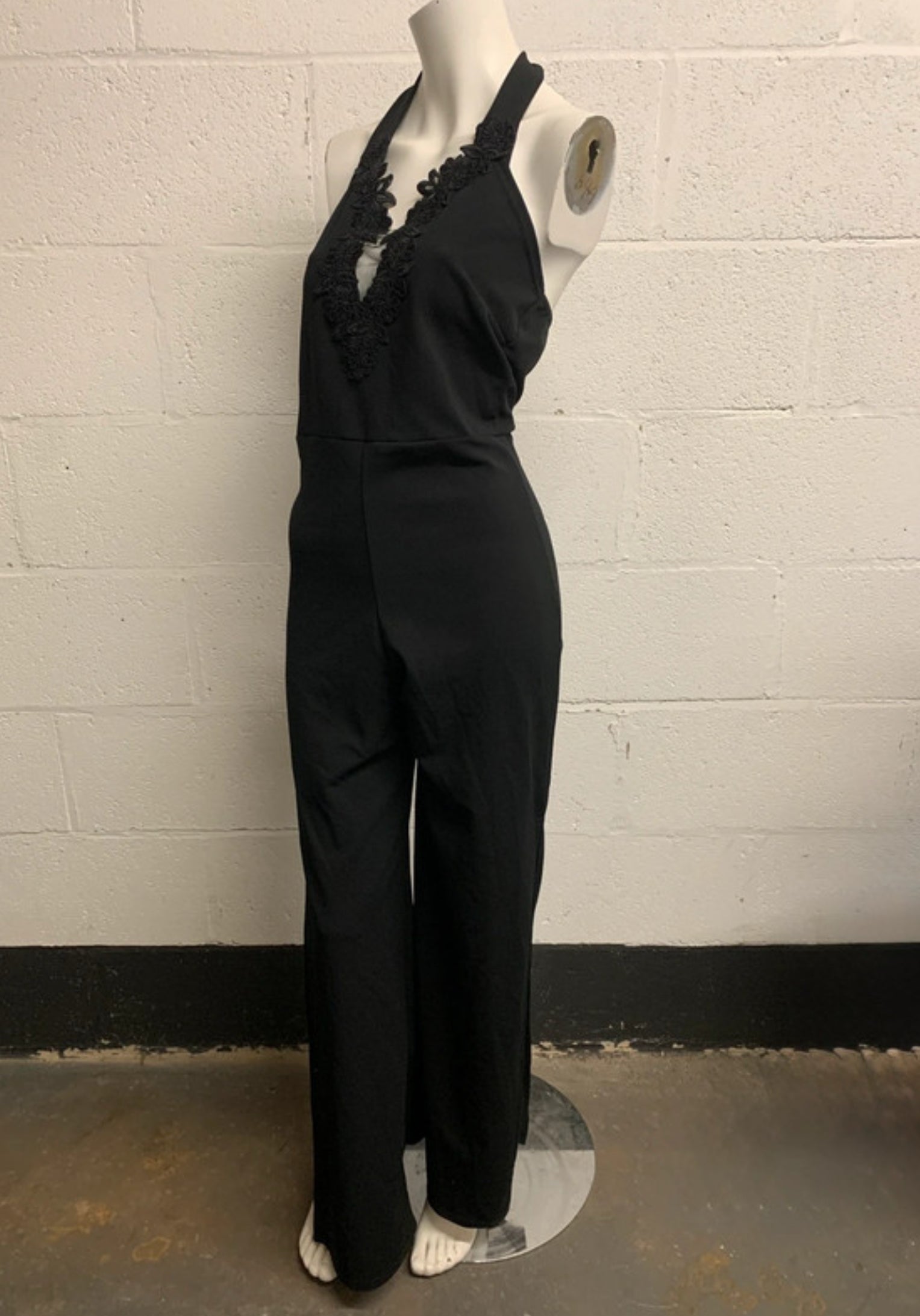 Quiz Black Halter Neck Lace Trim Wide Leg Jumpsuit