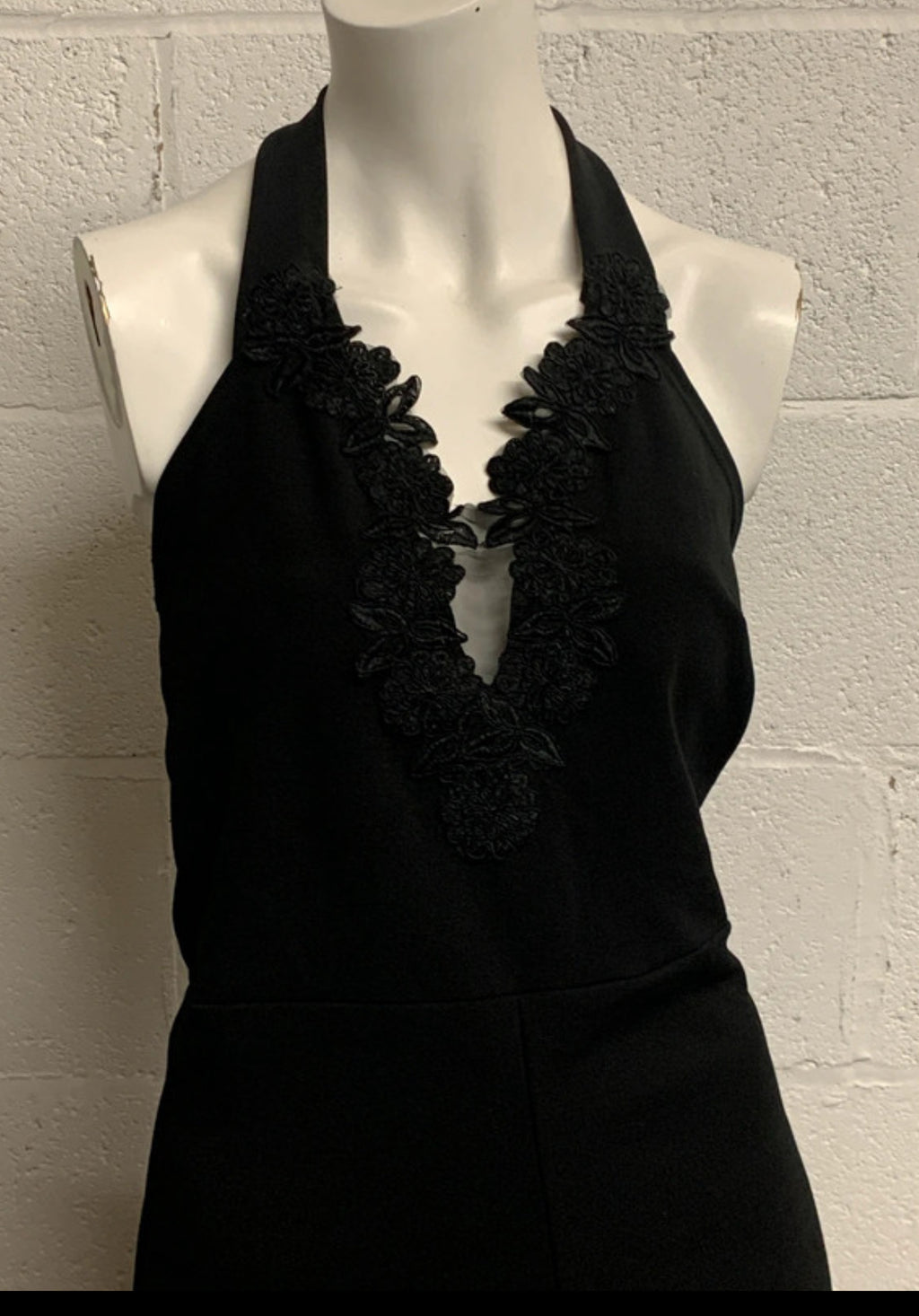 Quiz Black Halter Neck Lace Trim Wide Leg Jumpsuit