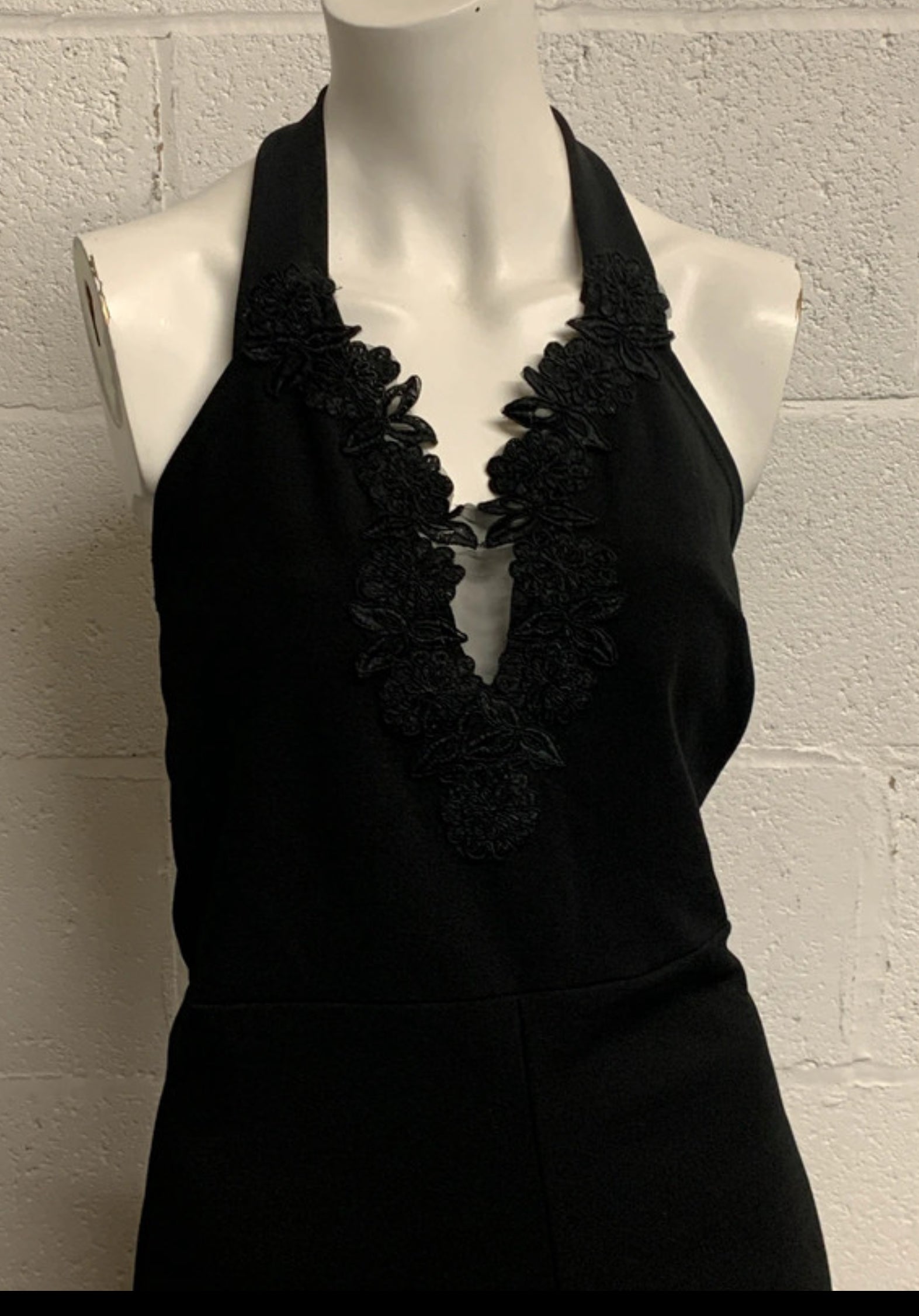 Quiz Black Halter Neck Lace Trim Wide Leg Jumpsuit