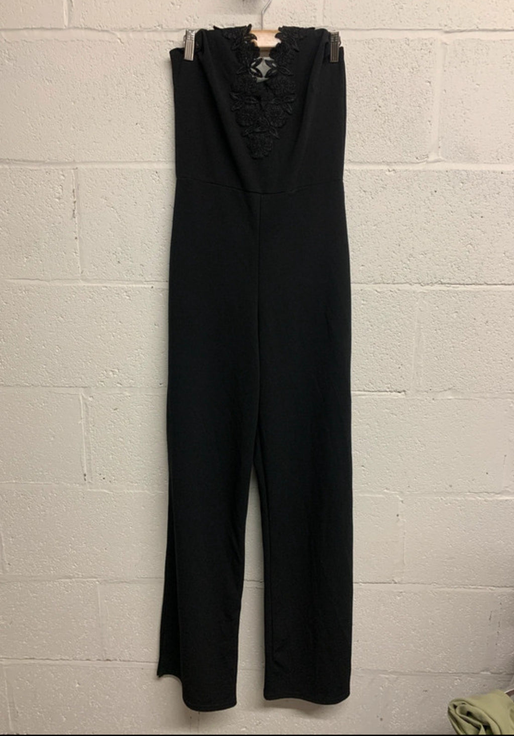 Quiz Black Halter Neck Lace Trim Wide Leg Jumpsuit