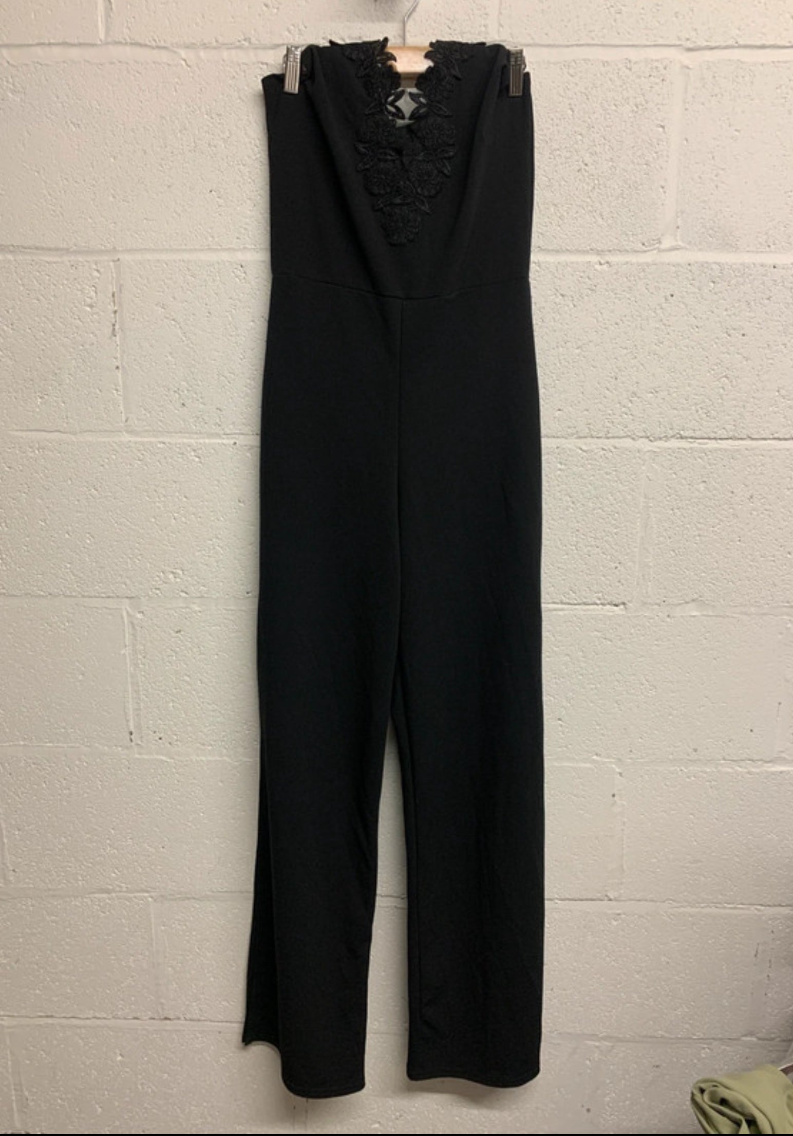 Quiz Black Halter Neck Lace Trim Wide Leg Jumpsuit