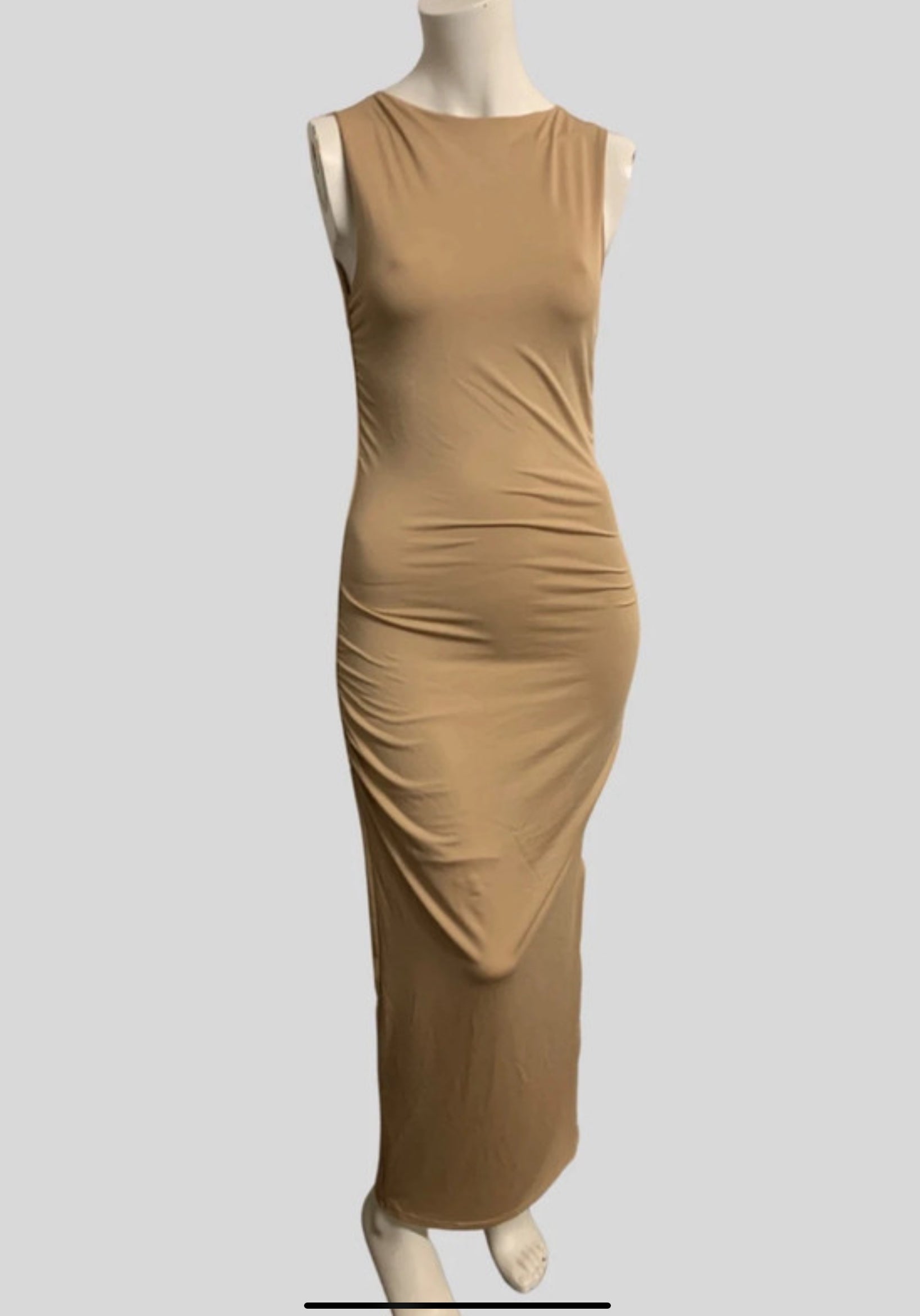 SHEIN Beige Ruched Side Bodycon Maxi Dress – Size S