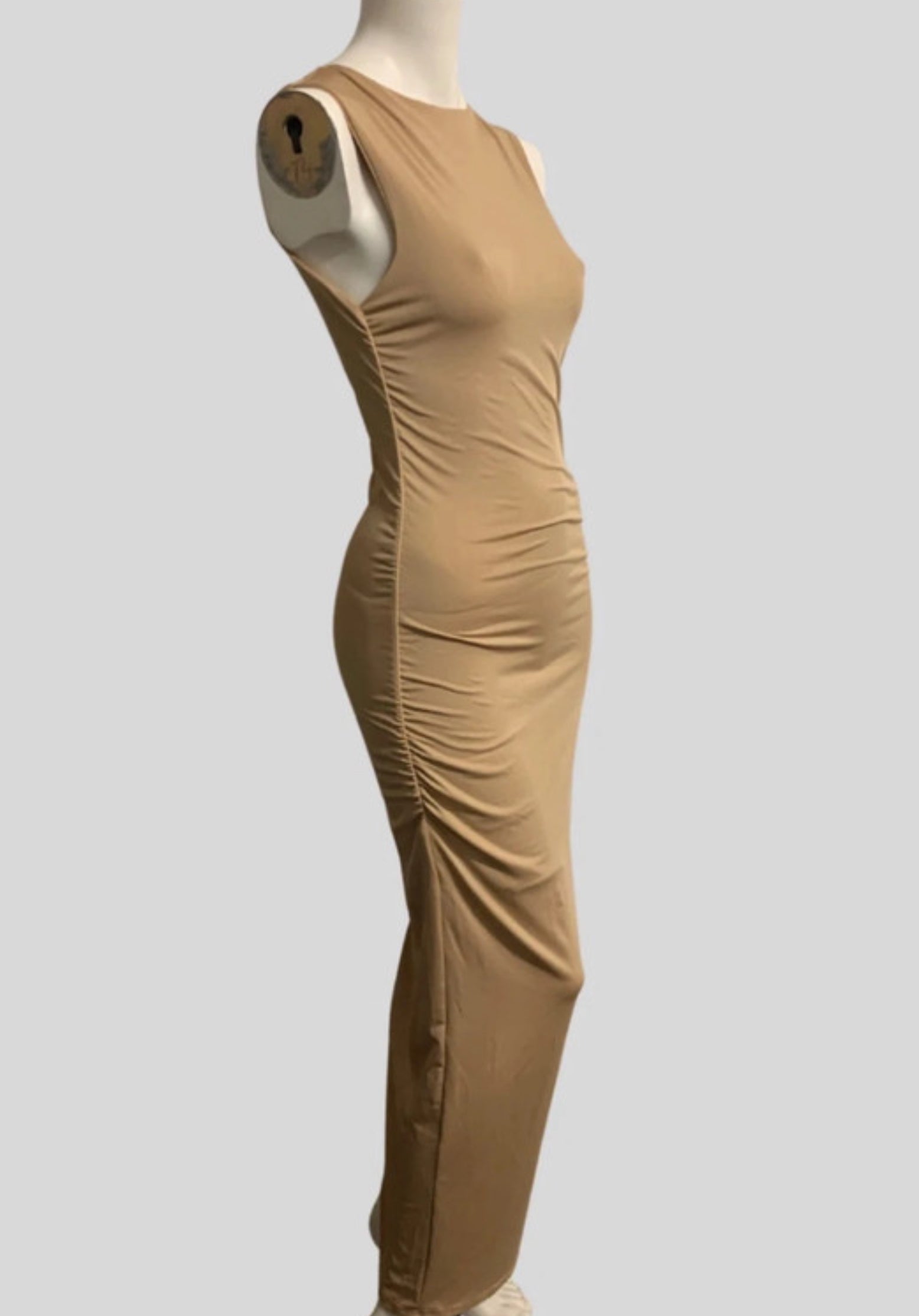 SHEIN Beige Ruched Side Bodycon Maxi Dress – Size S