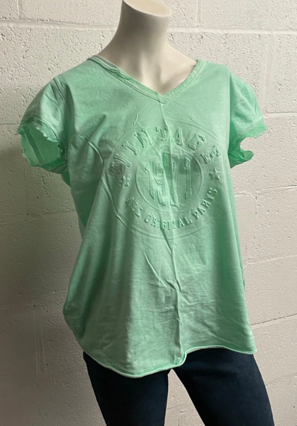 Made in Italy Mint Green Embossed Logo V-Neck T-Shirt | 100% Cotton