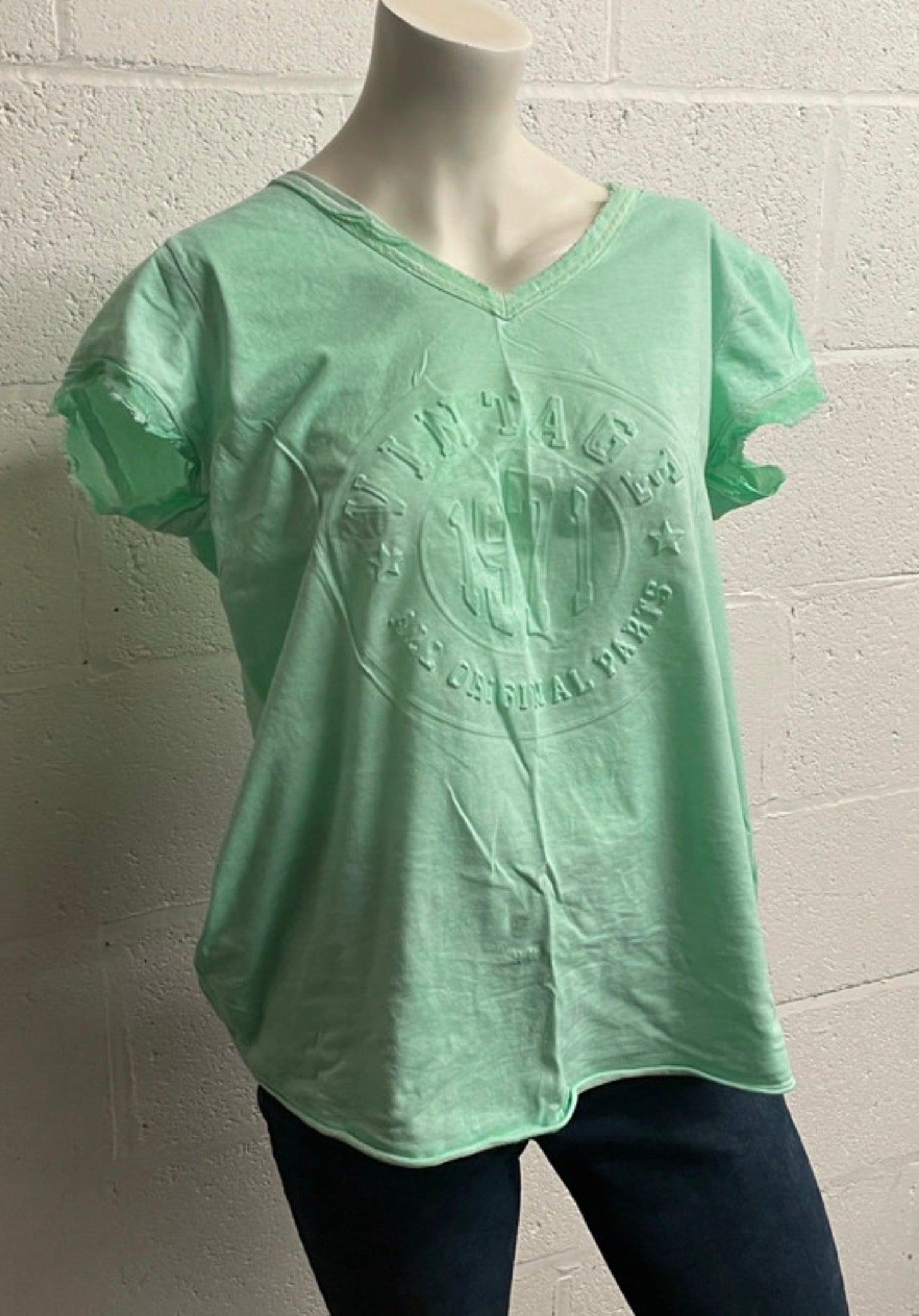 Made in Italy Mint Green Embossed Logo V-Neck T-Shirt | 100% Cotton